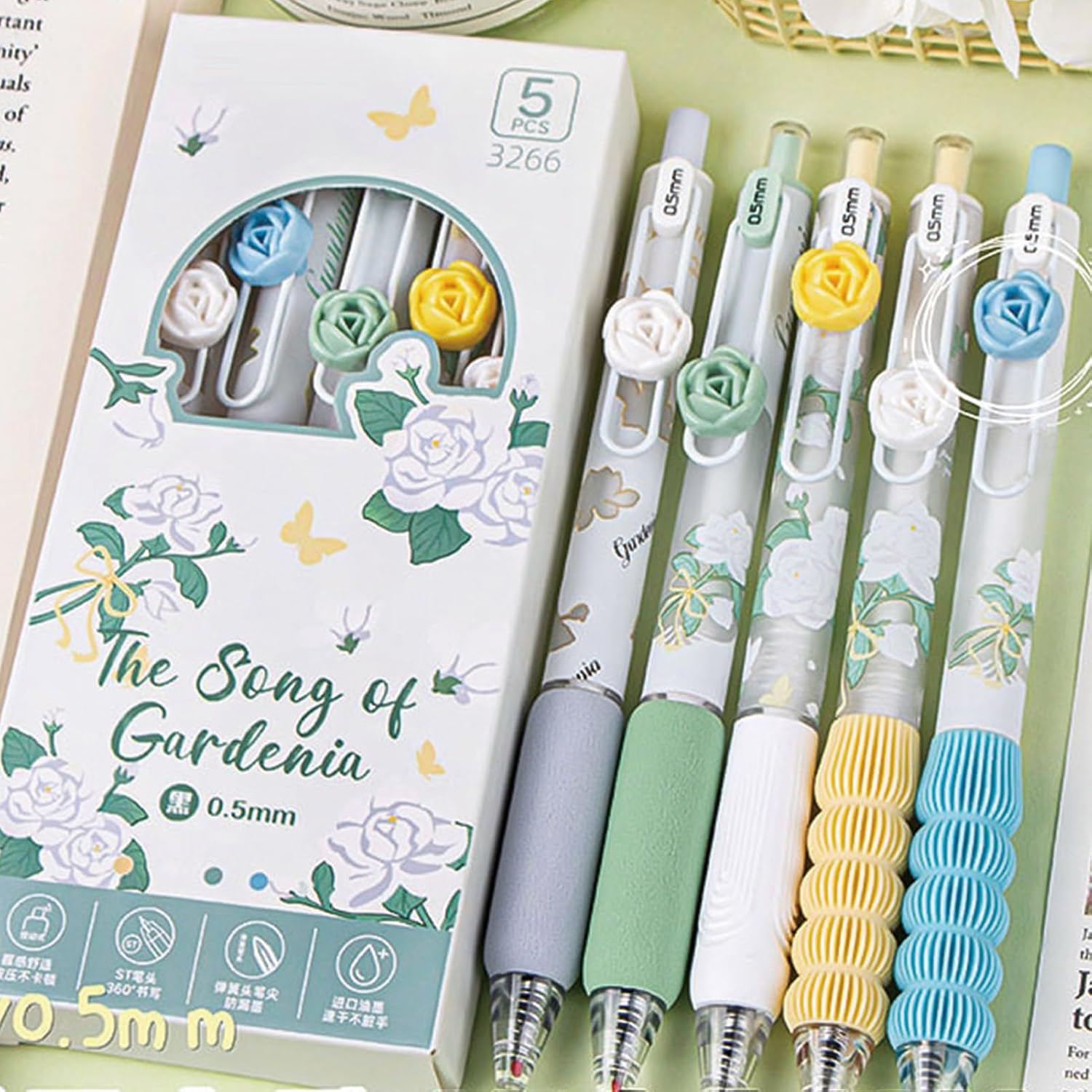 MOZXIRZ 5 Pcs Gel Ink Pens Retractable Pens Cute Flower Pen 0.5mm Black Ink Writing Pen Office School Supplies Aesthetic Pens for Women Girls (Blue) image 2