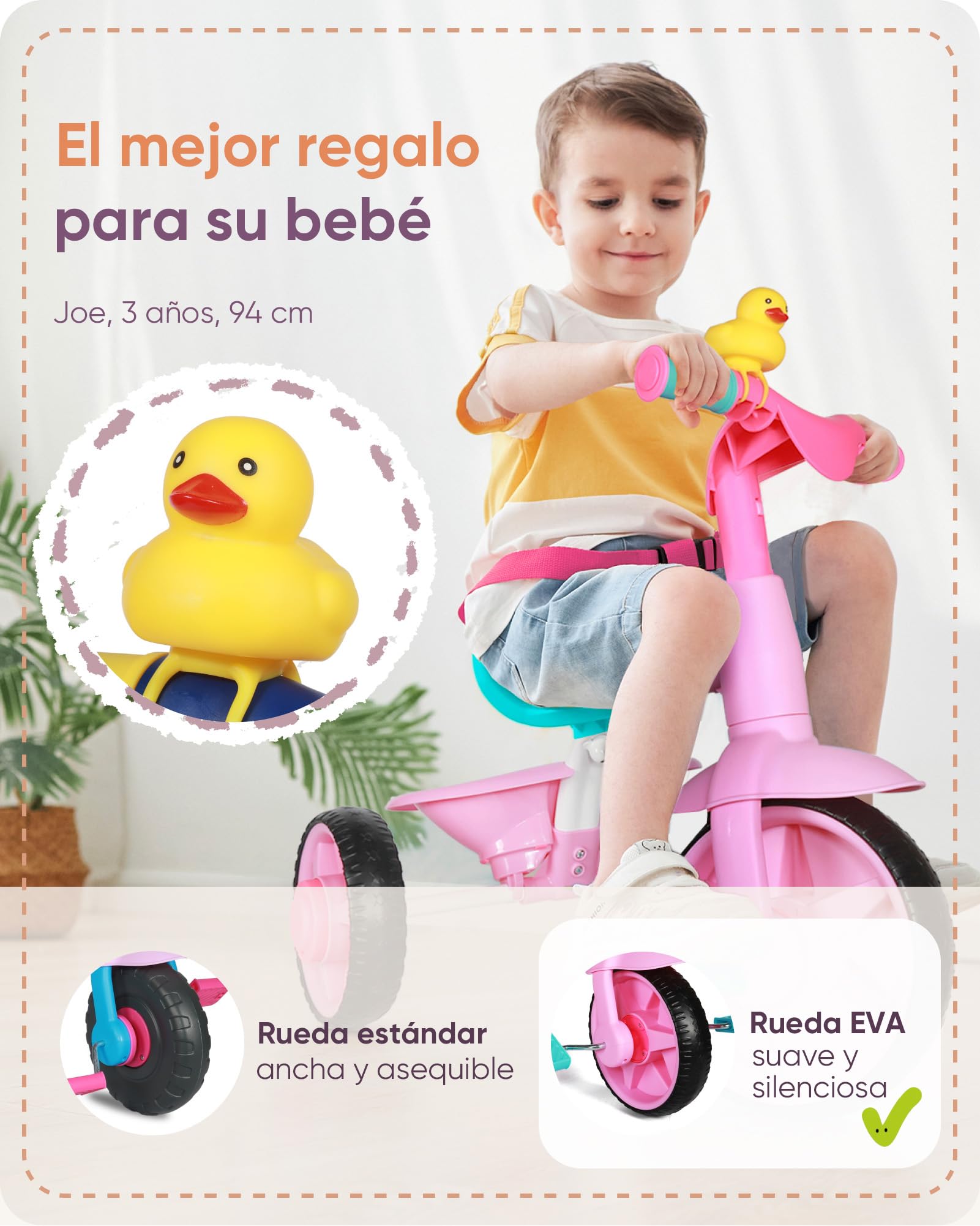 KRIDDO Triciclos 2 en 1 para niños de 18 Meses a 3 años, Ruedas EVA mejoradas, Triciclo de Regalo para niños pequeños, triciclos para niños de 2 a 3 años con Mango de Empuje y Campana de Pato, Rosa
