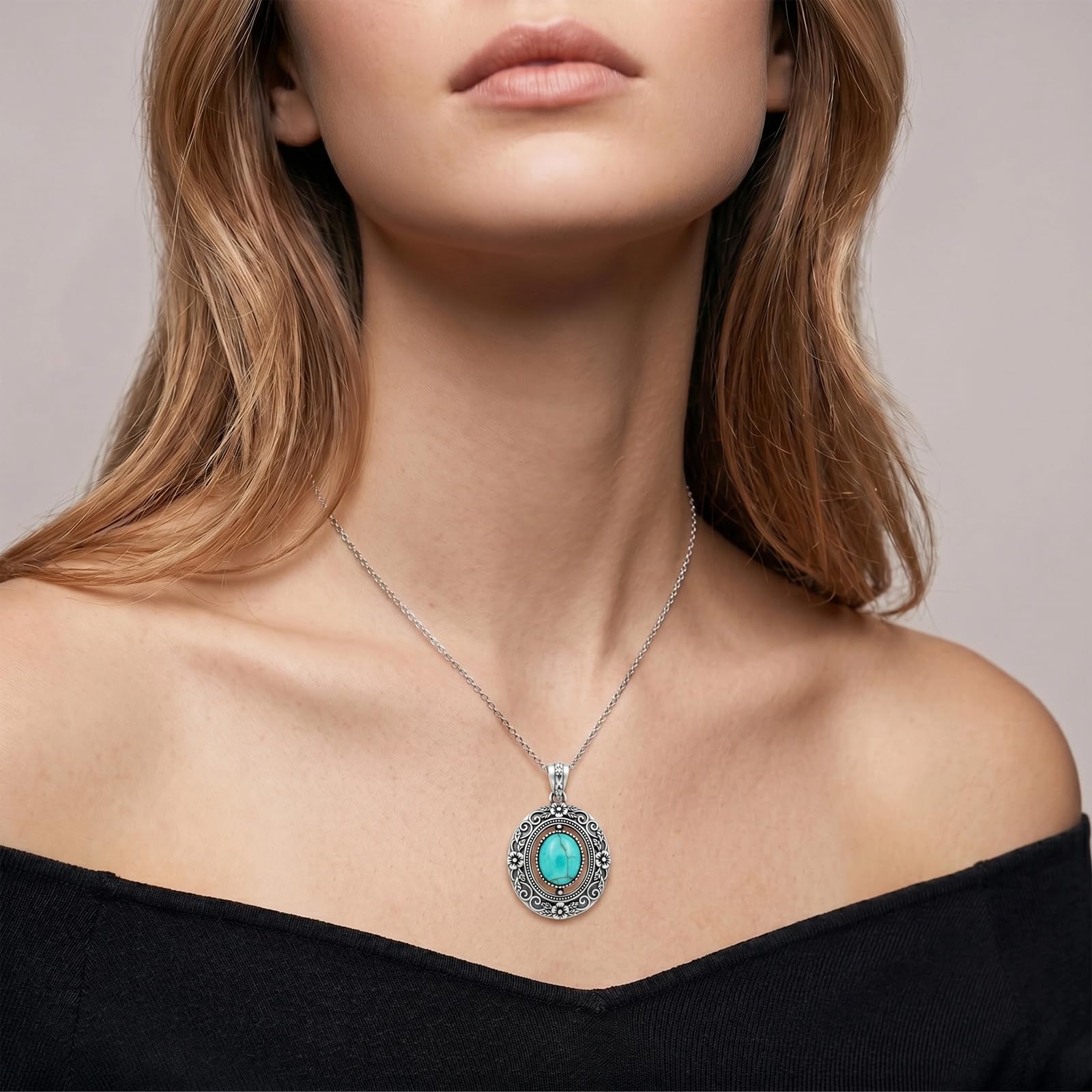 925 Sterling Silber Ovaler Türkis Anhänger Halskette für Damen, Vintage Boho Schmuck Geschenk