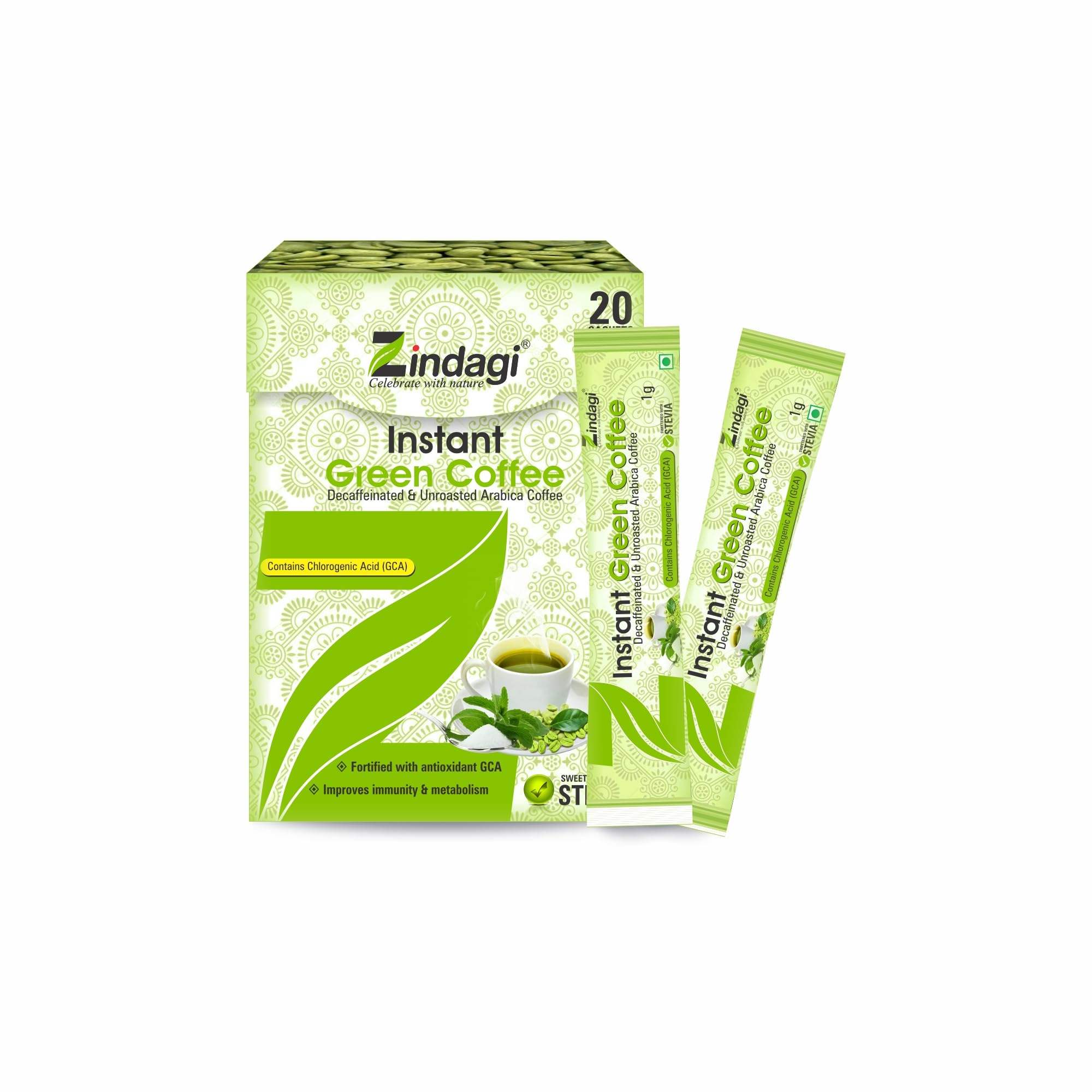 Zindagi Instant Green Coffee Powder Sachet | Green Coffee Beans Powder | Sugar Free Detox Drink | 20 Sachets