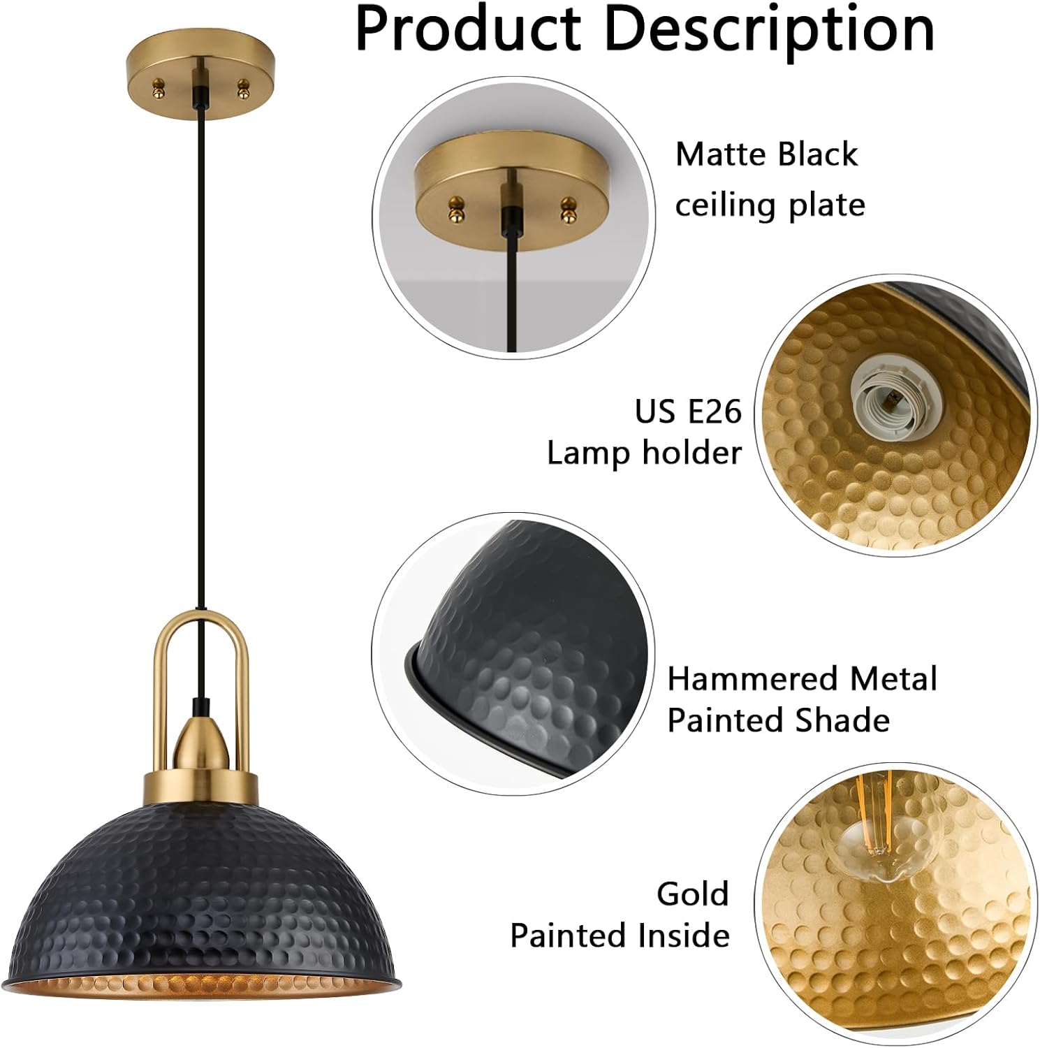 Black Pendant Lights Kitchen Island Industrial Adjustable Height Vintage Farmhouse Dome Hanging Light Fixtures for Barn, Dining Room 3 Packs