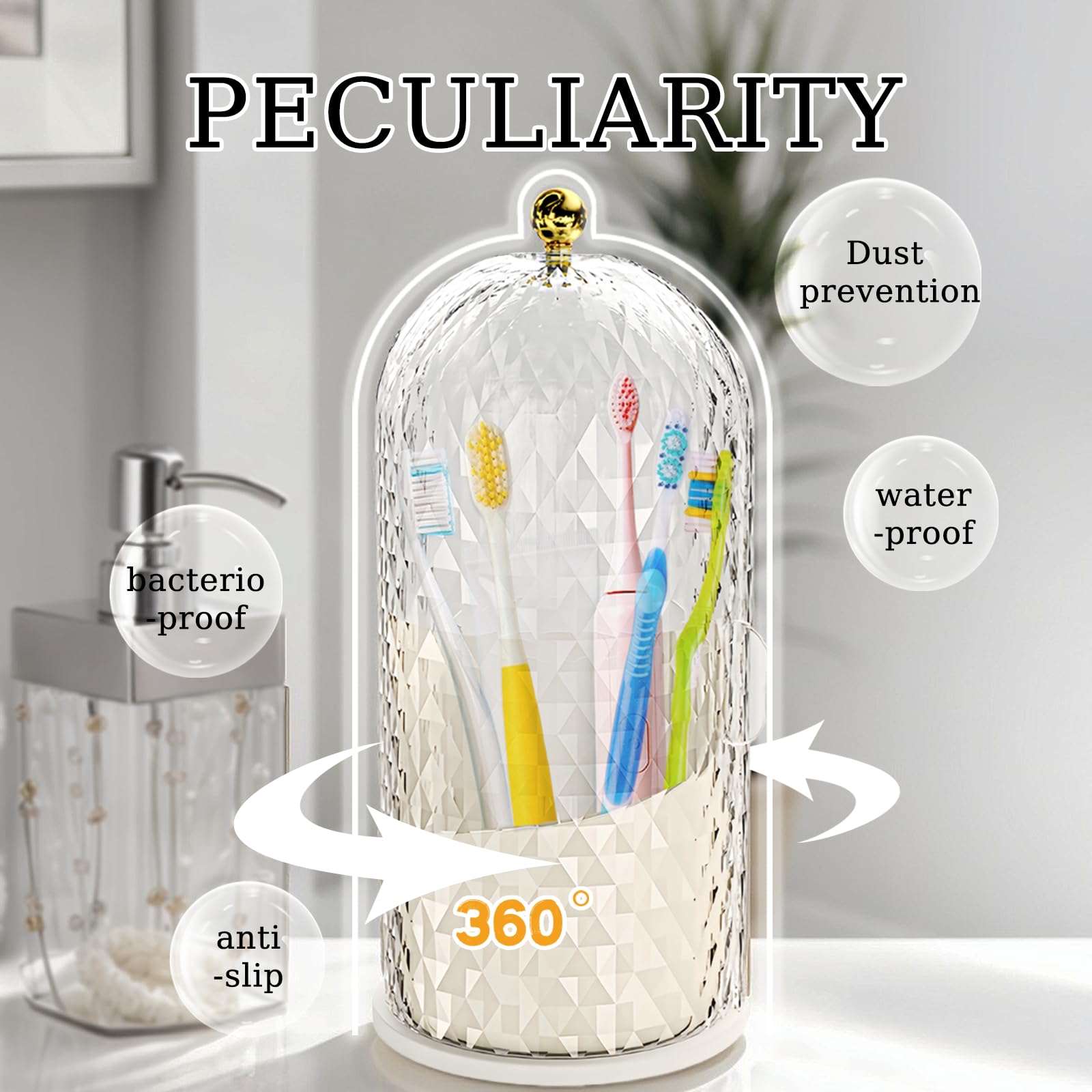 Soporte giratorio multifuncional para cepillos de dientes con tapa deslizante, el organizador de tocador de encimera de baño de 3 ranuras es perfecto para almacenamiento de cepillos de dientes, pasta