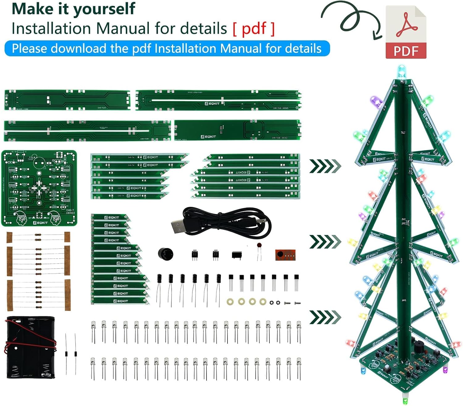 Diagram showing the kit components and the assembly process leading to the finished Christmas tree