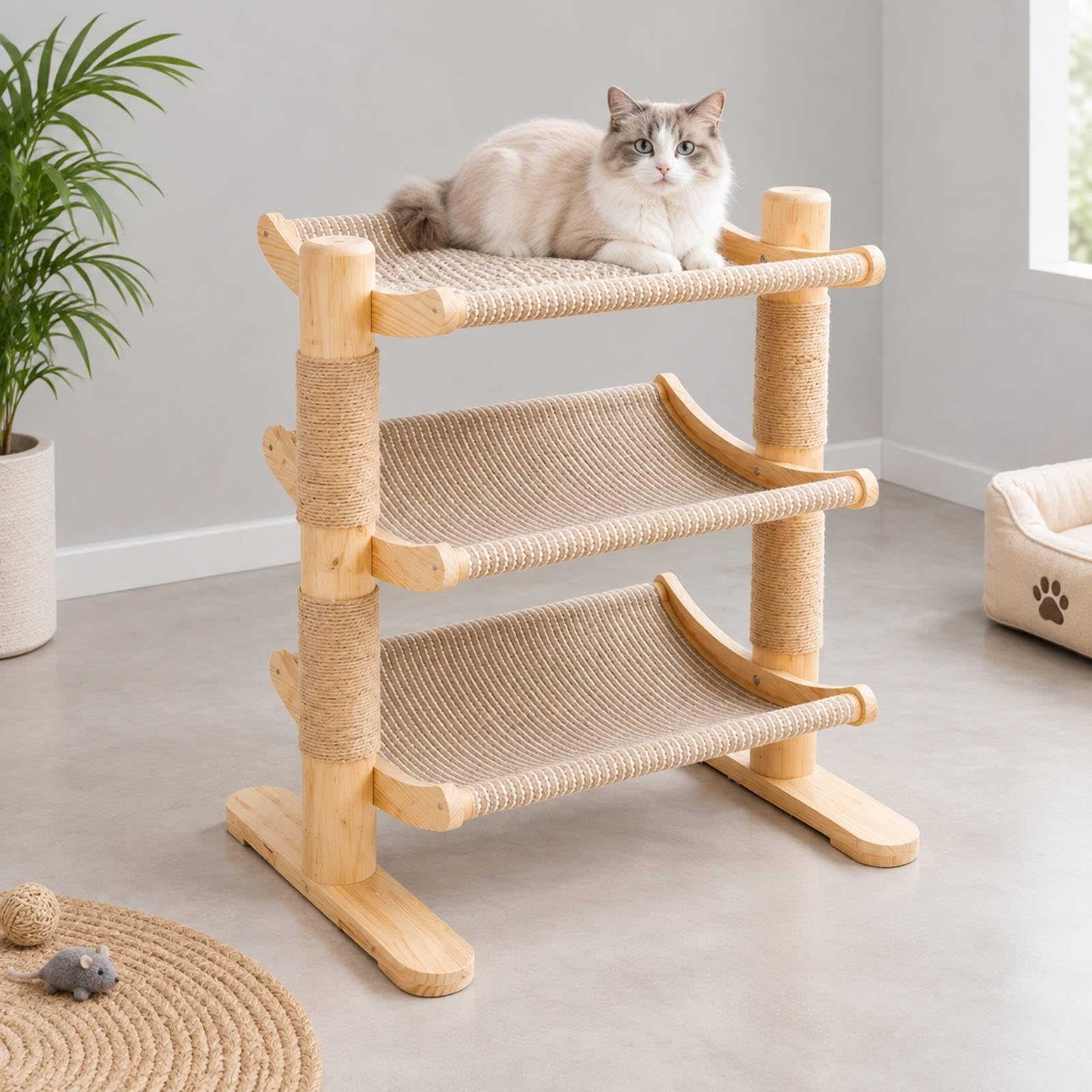 Albero per in Legno Massello Lavabile Tiragraffi con Piattaforme di Riposo Spazioso Tiragraffi con Colonne in Sisal per Arricchimento Quotidiano, Due Montanti Due Livelli