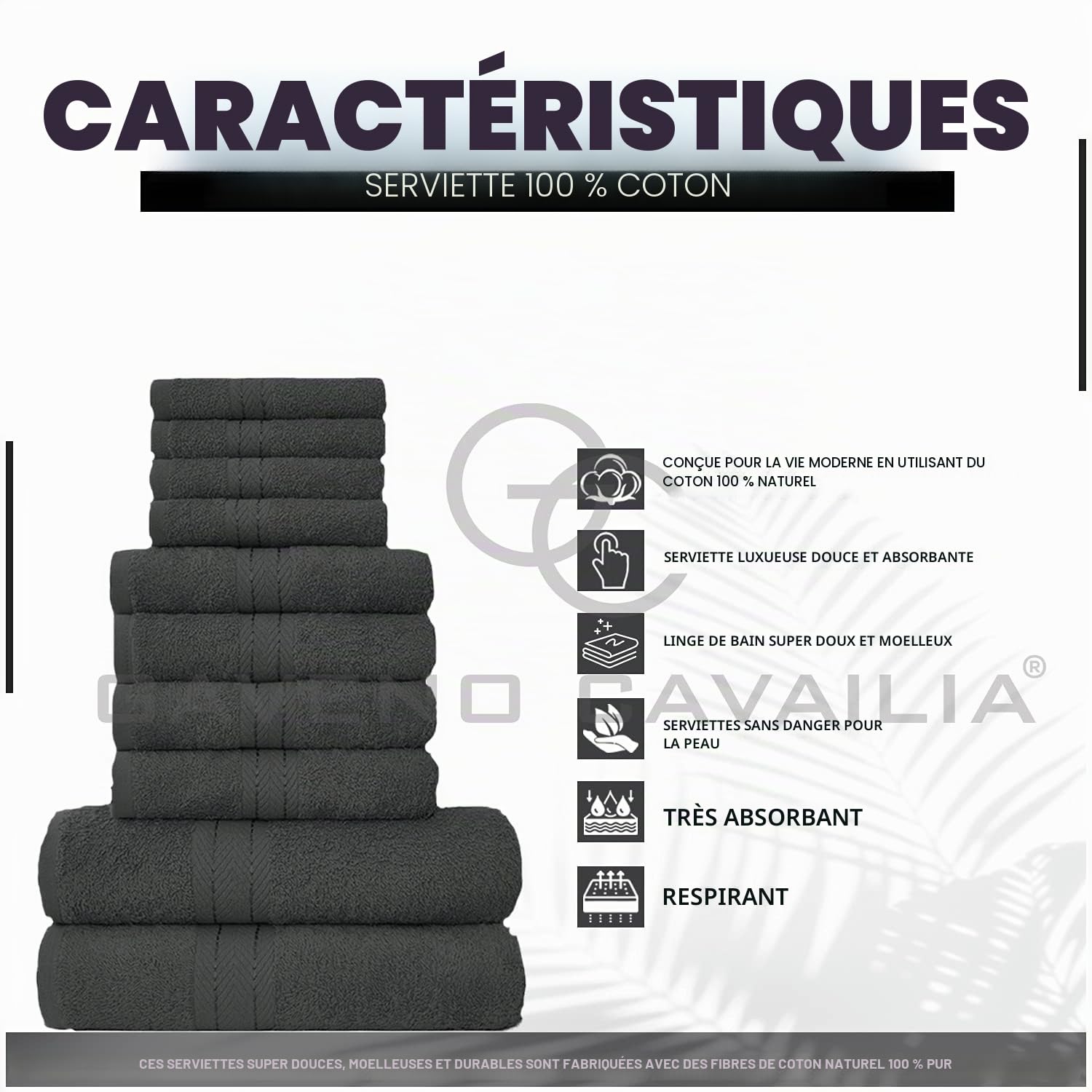 GC GAVENO CAVAILIA Lions Towels Lot de 10 serviettes de bain 100 % coton égyptien 4 visage 4 mains 2 serviettes de bain, de qualité supérieure, très absorbantes, lavables en machine, Charbon, Standard
