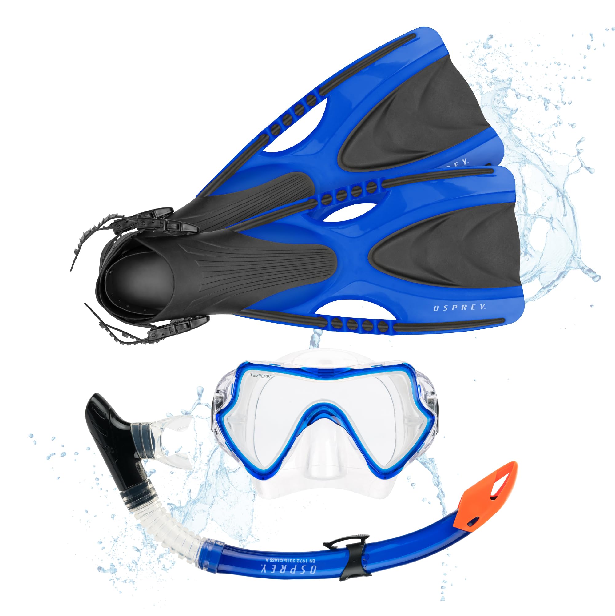 Osprey Adults Snorkel Set with Flippers, 3 Piece Diving Set Blue Size XXL