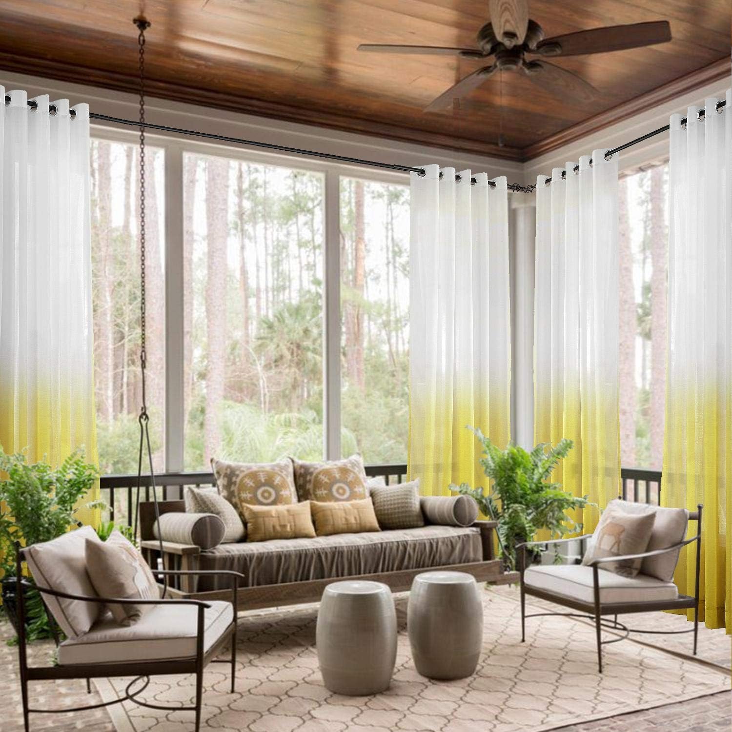 TWOPAGES 84" W X 84" L Wide Indoor Outdoor Grommet Gradient Ombre Sheer Curtain Yellow Tulle Gradual Drapes (1 Panel)
