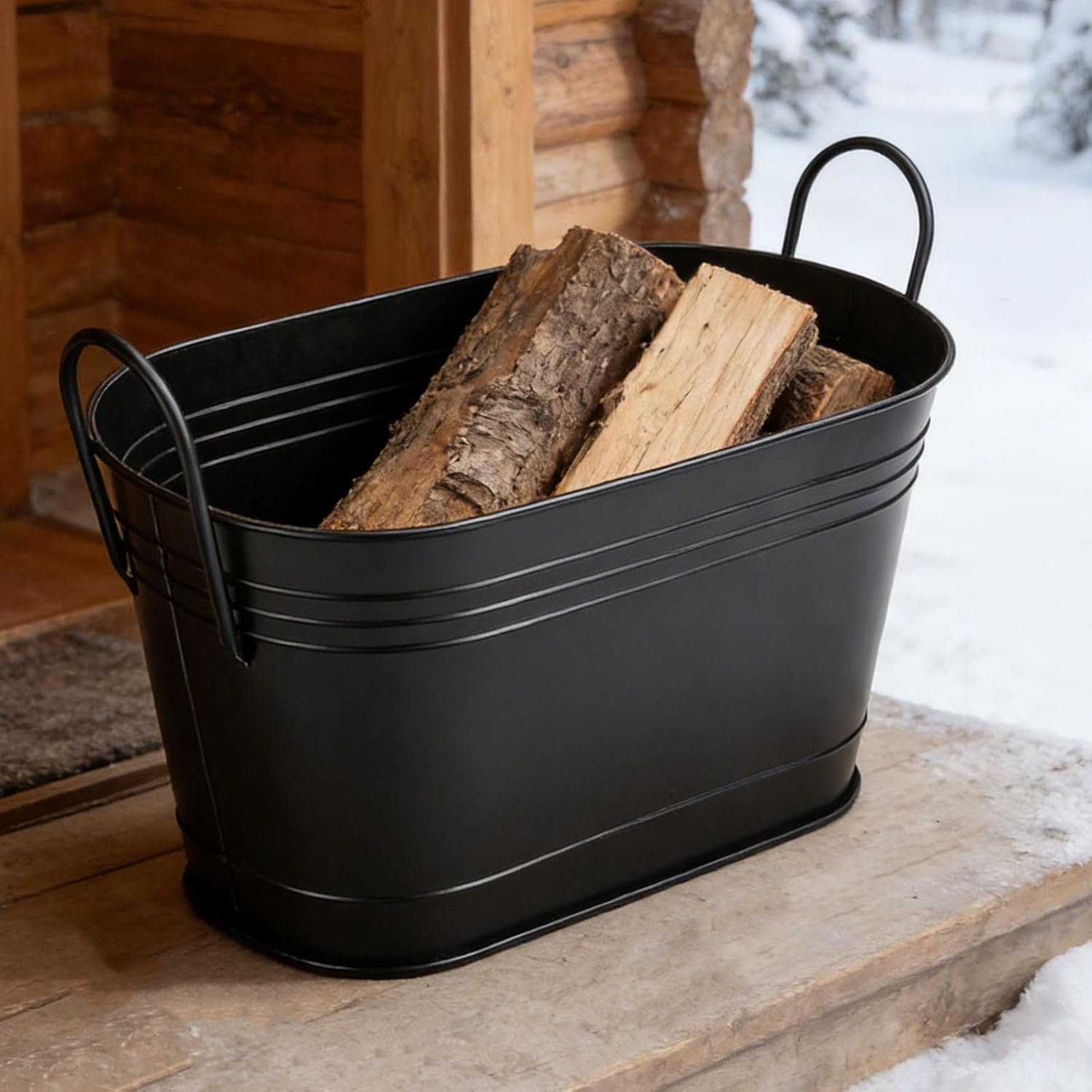 Firewood Storage Bin, 21.9x14x10.4 Inch Black Iron Galvanized Tub with Handles Indoor Firewood Storage Rack Log Holder Metal Drink Ice Buckets for Planters Wine