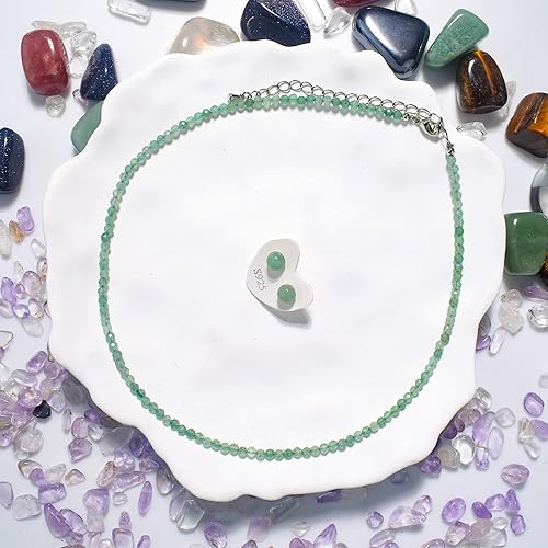 Miniatura 8 de Genuine Stone Choker 3MM Tiny Beaded Choker Necklace S925 Earrings Facet Shinny Crystal Choker Necklace 14"+3" Adjustable Jewelry Sets Gifts for