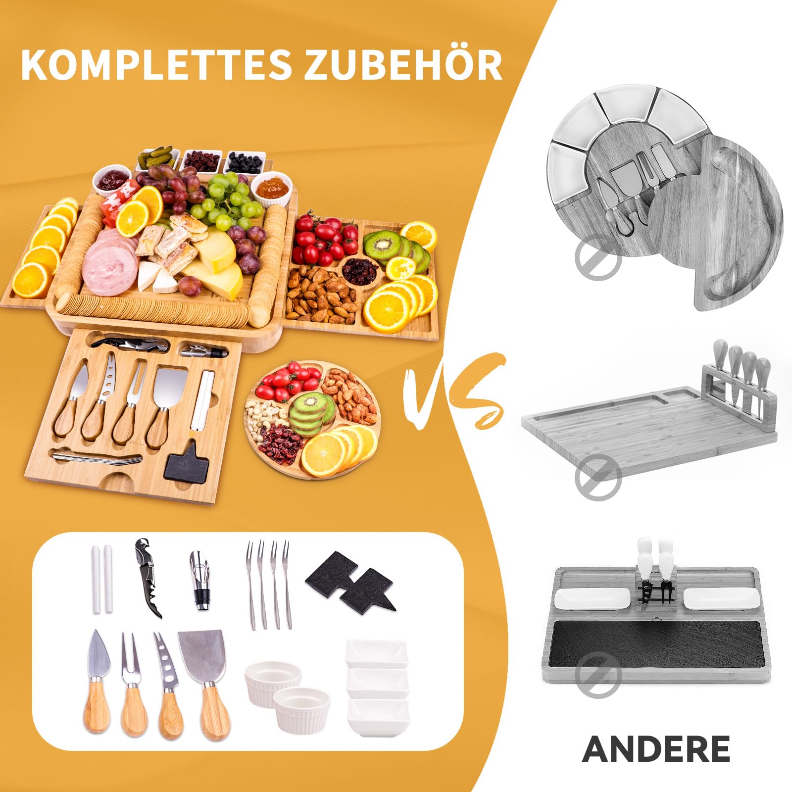Bambus-Käsebrett, Käsebrett mit Käsemesser-Set, Charcuterie Board,Käsebretter, Servierbrett, für Wein, Cracker, Brie und , Fleisch, Einweihungsgeschenk für Leckereien, Weihnachten, Erntedankfest