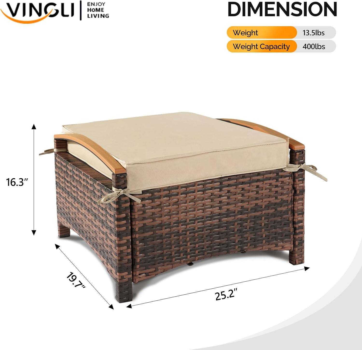 VINGLI Wicker Outdoor Ottoman Set of 2, All Weather PE Rattan Footstool for Patio w/Removable Cushions, Waterproof Rattan Foot Rest for Garden, Balcony, Poolside (Brown)