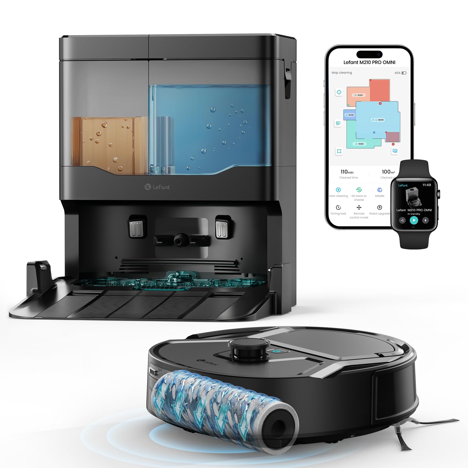 Lefant M210PRO OMNI Robot Aspirapolvere Lavapavimenti con Mappatura, Rullo Autopulente, 18000Pa, Lavaggio Acqua Pulita, Laser dToF, PSD 2.0, Evita Tappeti, Silenzioso, WiFi 2.4G/5G/Alexa/APP, Compatto