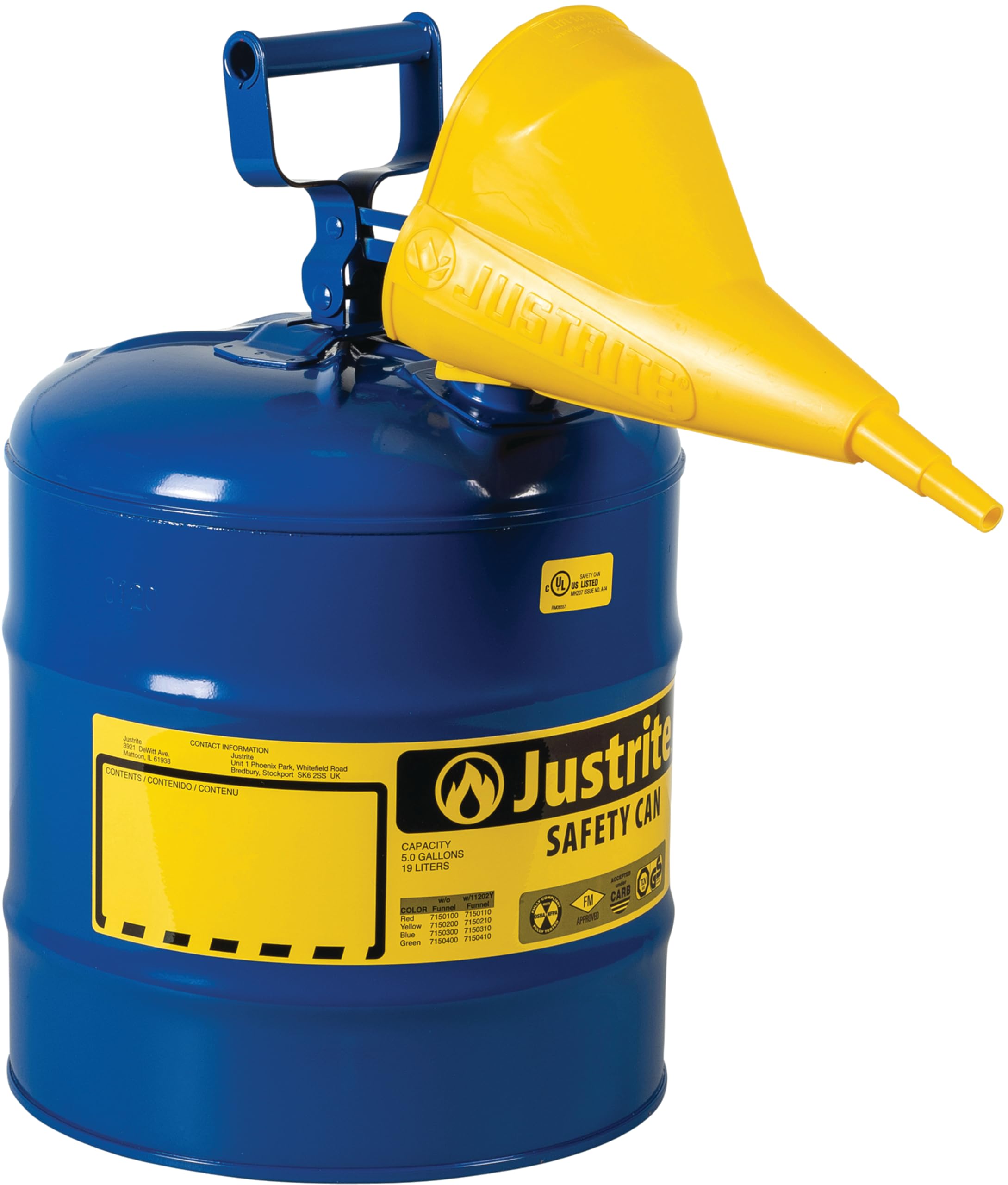 Justrite 5 Gallon Type I Blue Safety Can for Kerosene with Flame Arrester, Self-Closing Lid, and Funnel, Made in the USA, Galvanized Steel Flammable Storage Can, 7150310