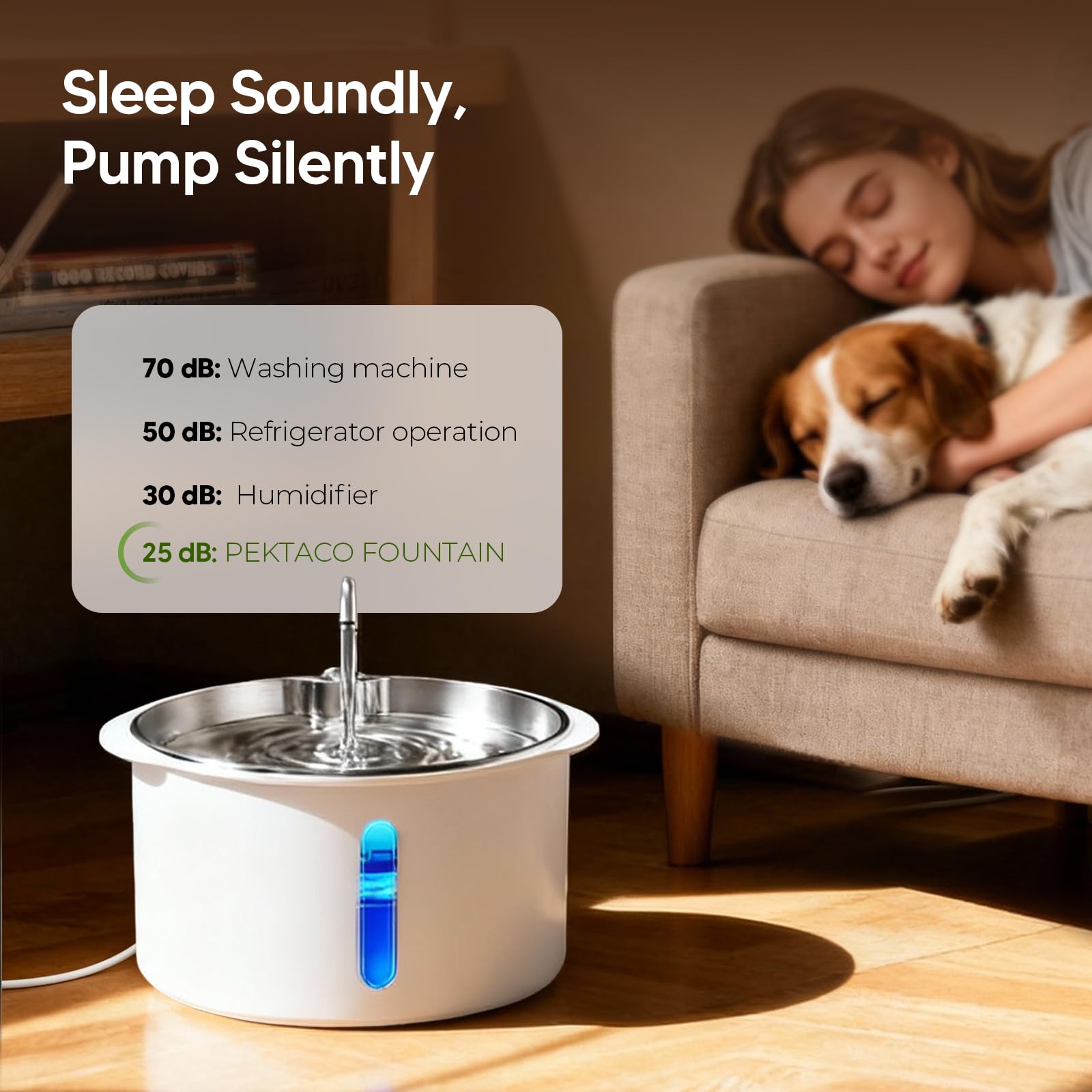 Fuente de agua para perros grandes, fuente de acero inoxidable de 1.8 galones/7 litros, dispensador de cuenco de agua para perros con ventana de visualización y LED, súper silenciosa, filtros de