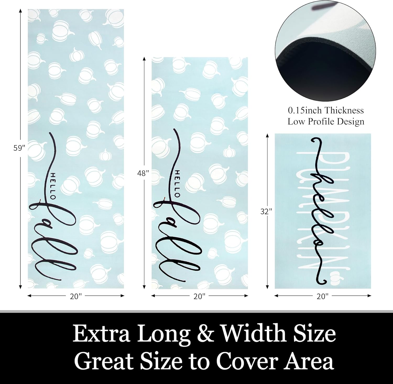 Fall Blue Kitchen Rug Sets 3 Piece with Rubber Backing Hello Pumpkin Autumn Kitchen Mats for Floor Non Slip Area Rug for Laundry Room Entryway Hallway Thankgiving Harvest Decor