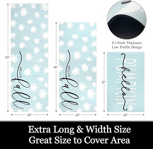 Miniatura 3 de Juego de 3 tapetes de cocina de otoño azul con respaldo de goma, alfombrillas de cocina de hola calabaza, otoño, para piso, antideslizante, alfombra