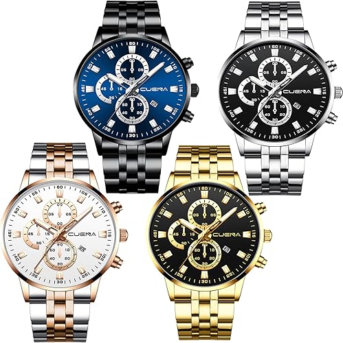 Paquete de 4 relojes para hombre, de lujo, casual, para negocios, impermeables, militares, de cuarzo, correa de acero inoxidable, dorado, negro,