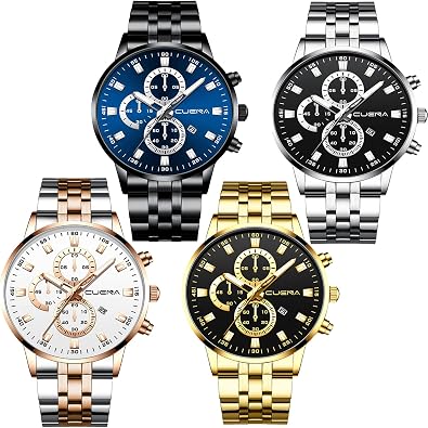 4 Pack Mens Watches Luxury Casual Dress Business Waterproof Military Quartz Wristwatches for Men Stainless Steel Band Gold Black Blue Silver Wholesales Set Assorted