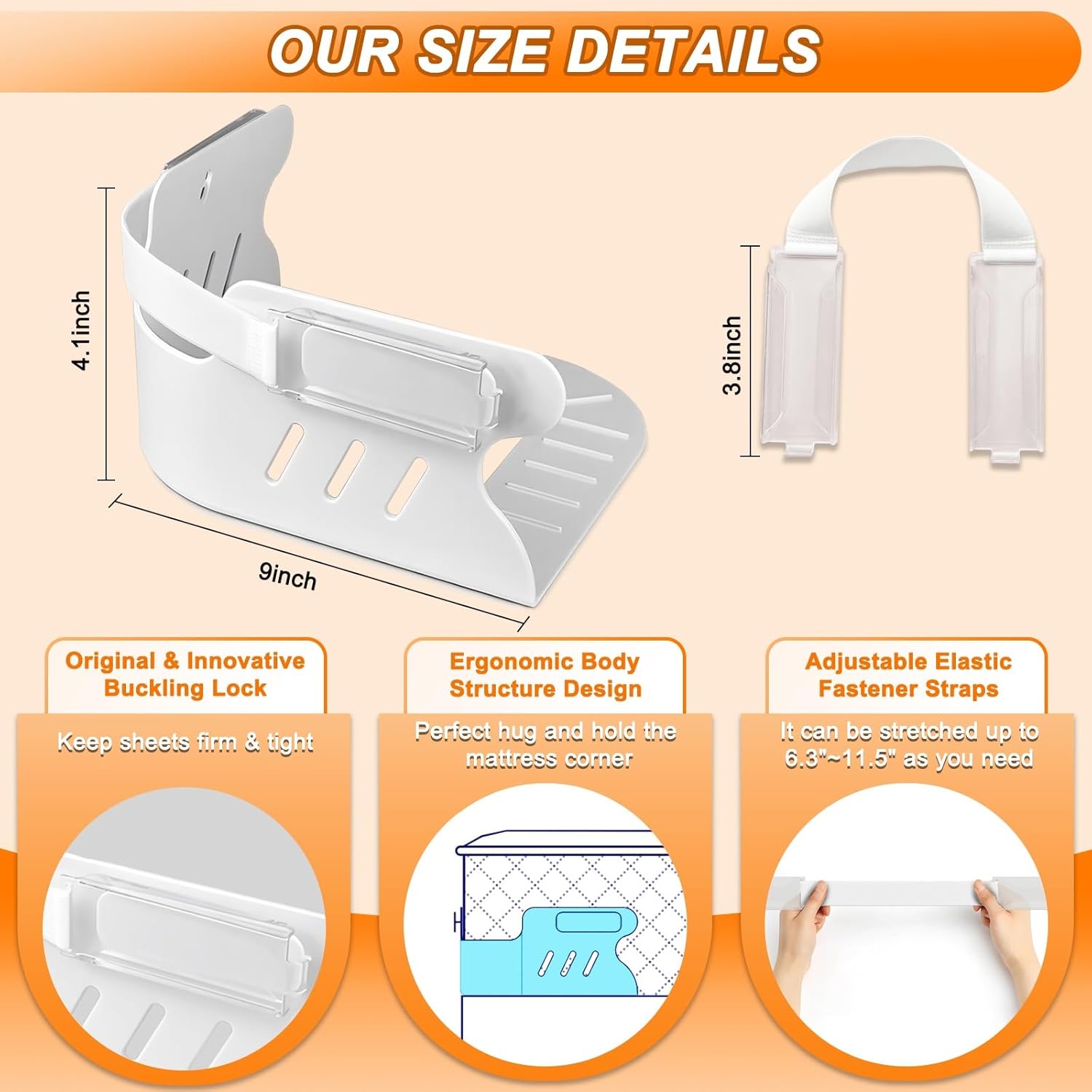 Bed Sheet Holders for Corners, 4Pcs Heavy Duty Fitted Sheet Holder with Lock Fastener Straps &Anti-Slip Pads Keep Sheets Firm&Tight, No More Loose Sheets, Easy Installation for Any Mattress (White)