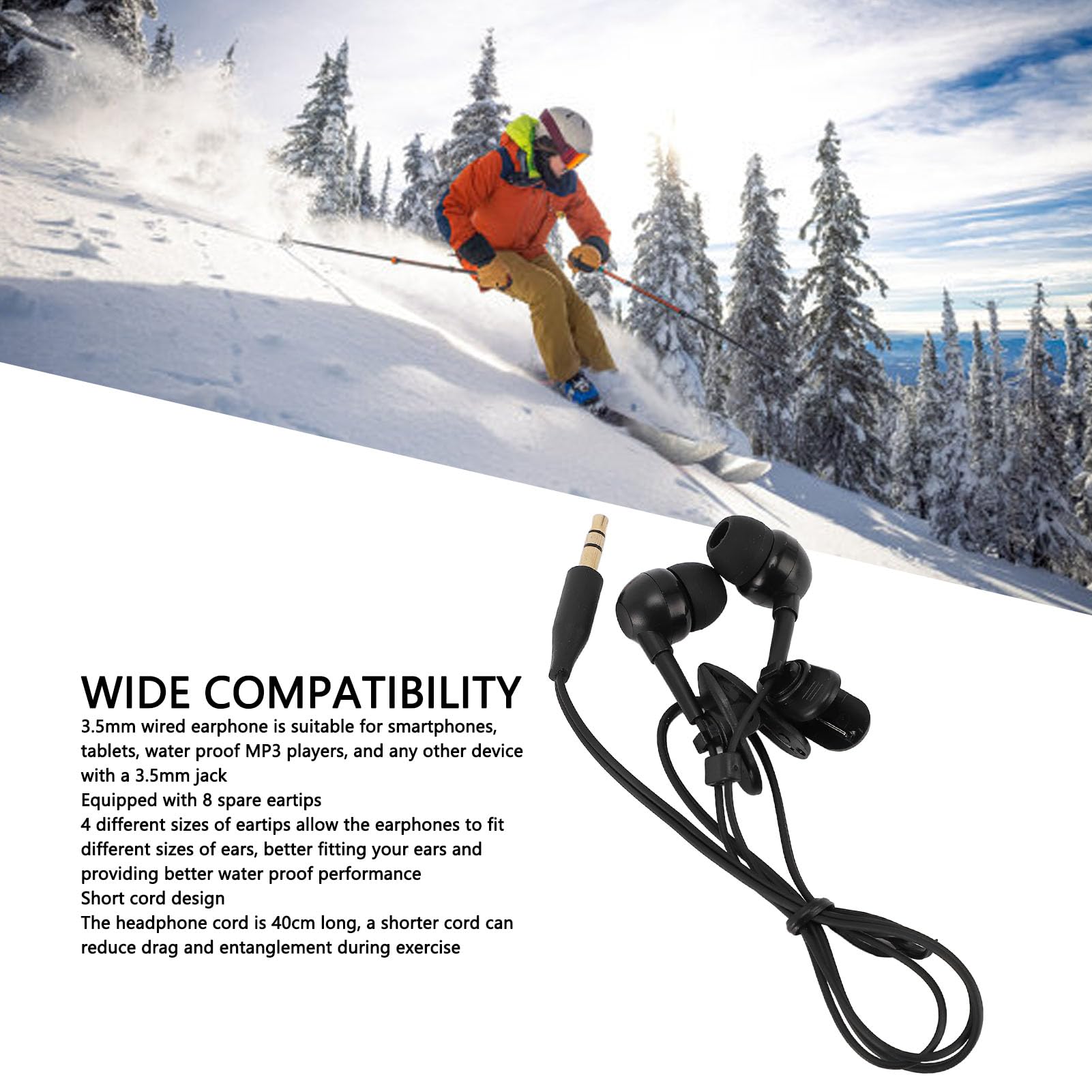 SIXRUN Écouteurs Intra-Auriculaires Filaires pour Natation, Cordon Court de 40 Cm avec Connecteur 3,5 Mm, 8 Embouts Auriculaires et 2 Clips pour Natation, Surf et Course.
