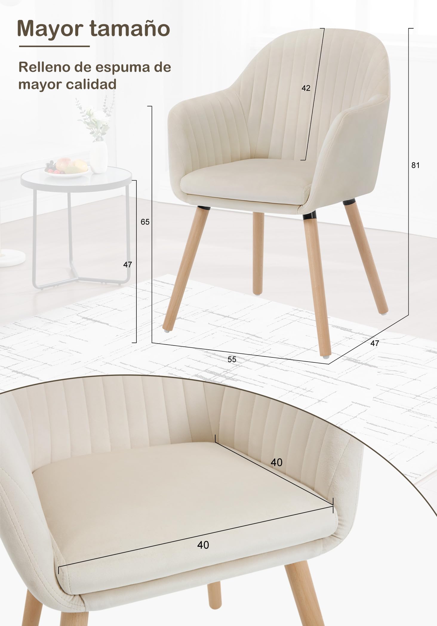 WOLTU Juego de 2 Sillas de Comedor y Cocina con Respaldo Mediano,cojín Doble de Terciopelo y Patas de Estructura de Madera,adecuadas para salón y Dormitorio,Blanco Crema
