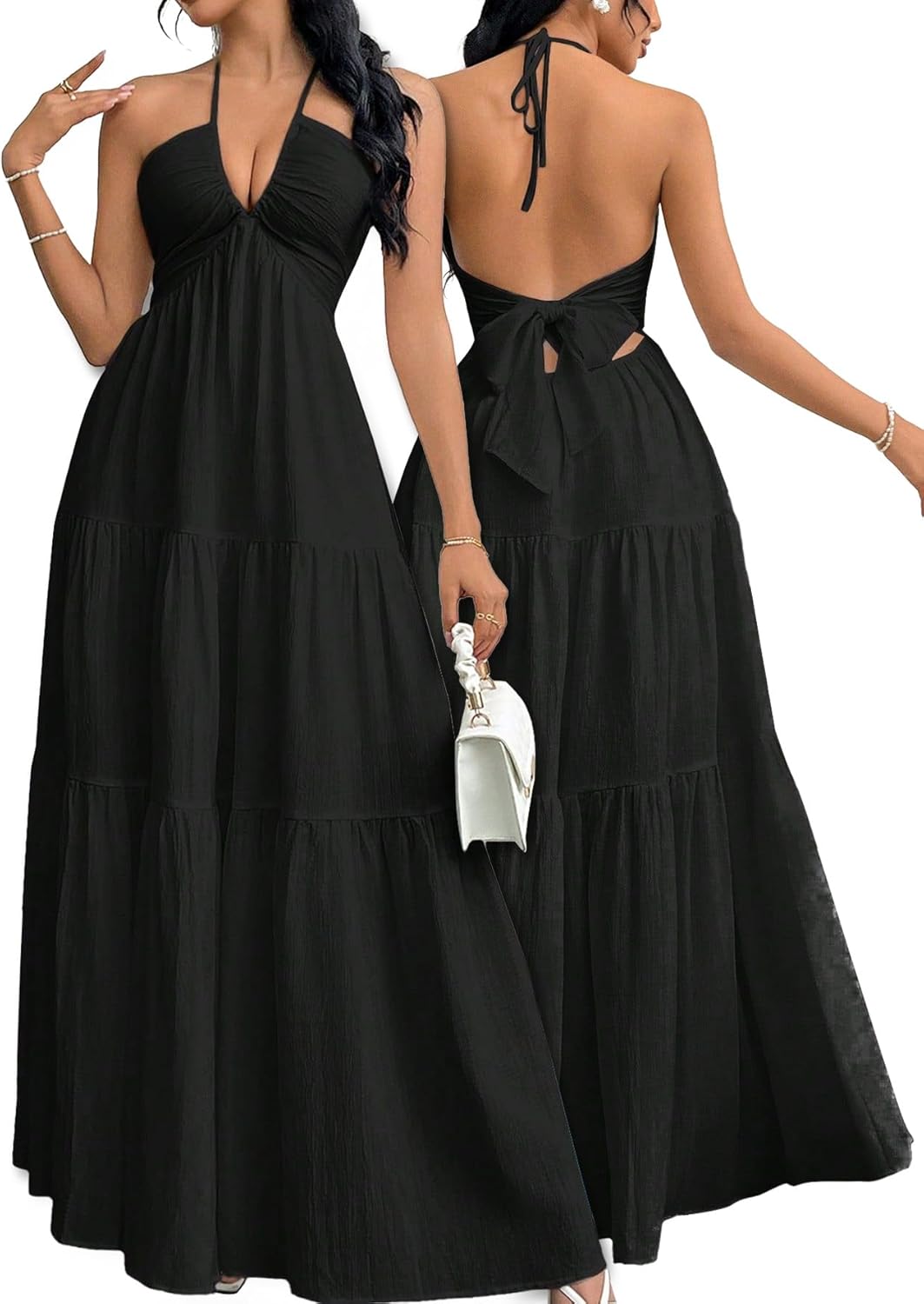 Narecte Women's Maxi Summer Dresses Halter V Neck Beach Dresses for Women A-Line Casual Dress for Vacation