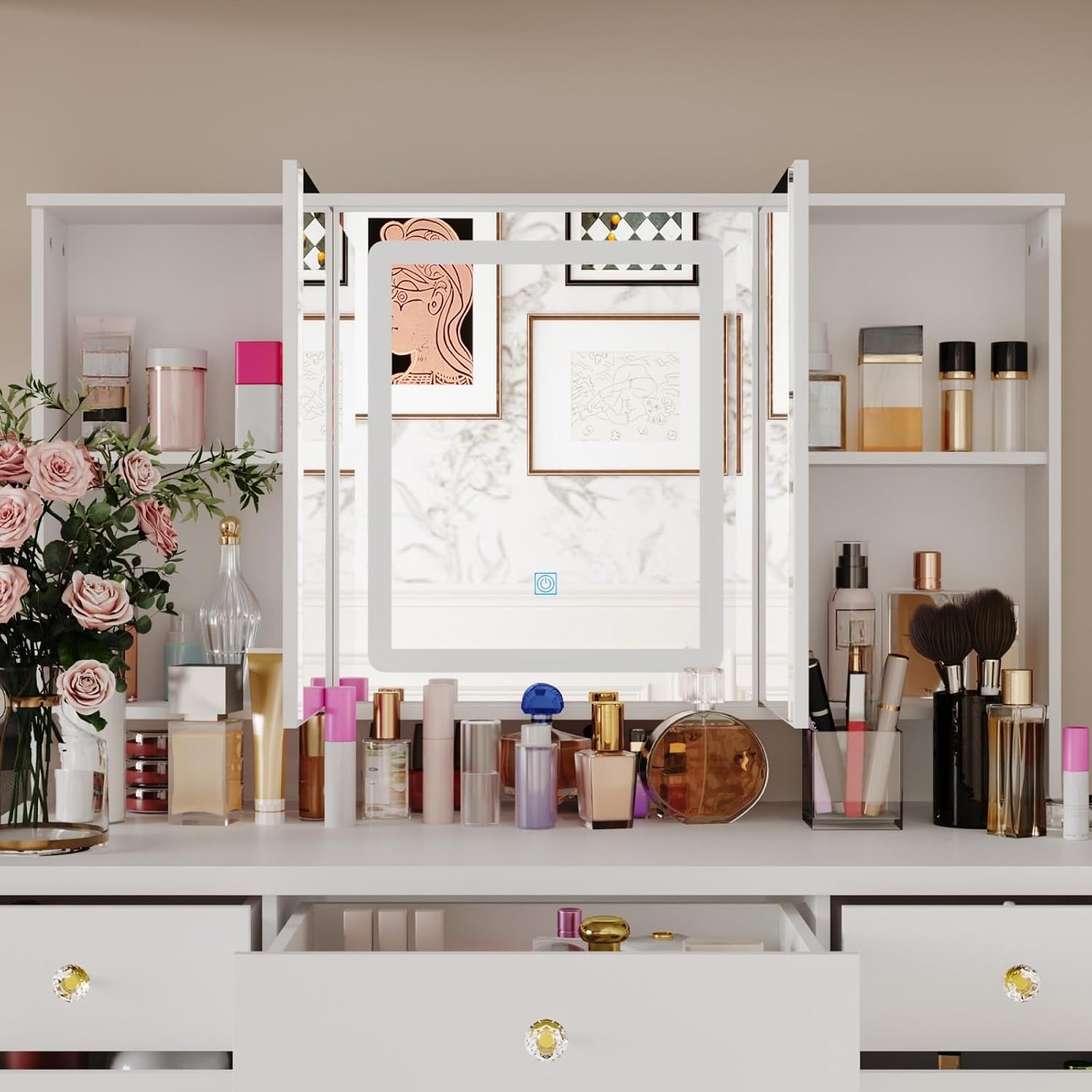 FUFU&GAGA Vanity Desk with Mirror and Lights, Large Makeup Vanity with 9 Drawers, Modern Dressing Table with Hidden Shelves for Bedroom, White, 43.3”W x 19.7”D x 53.6”H