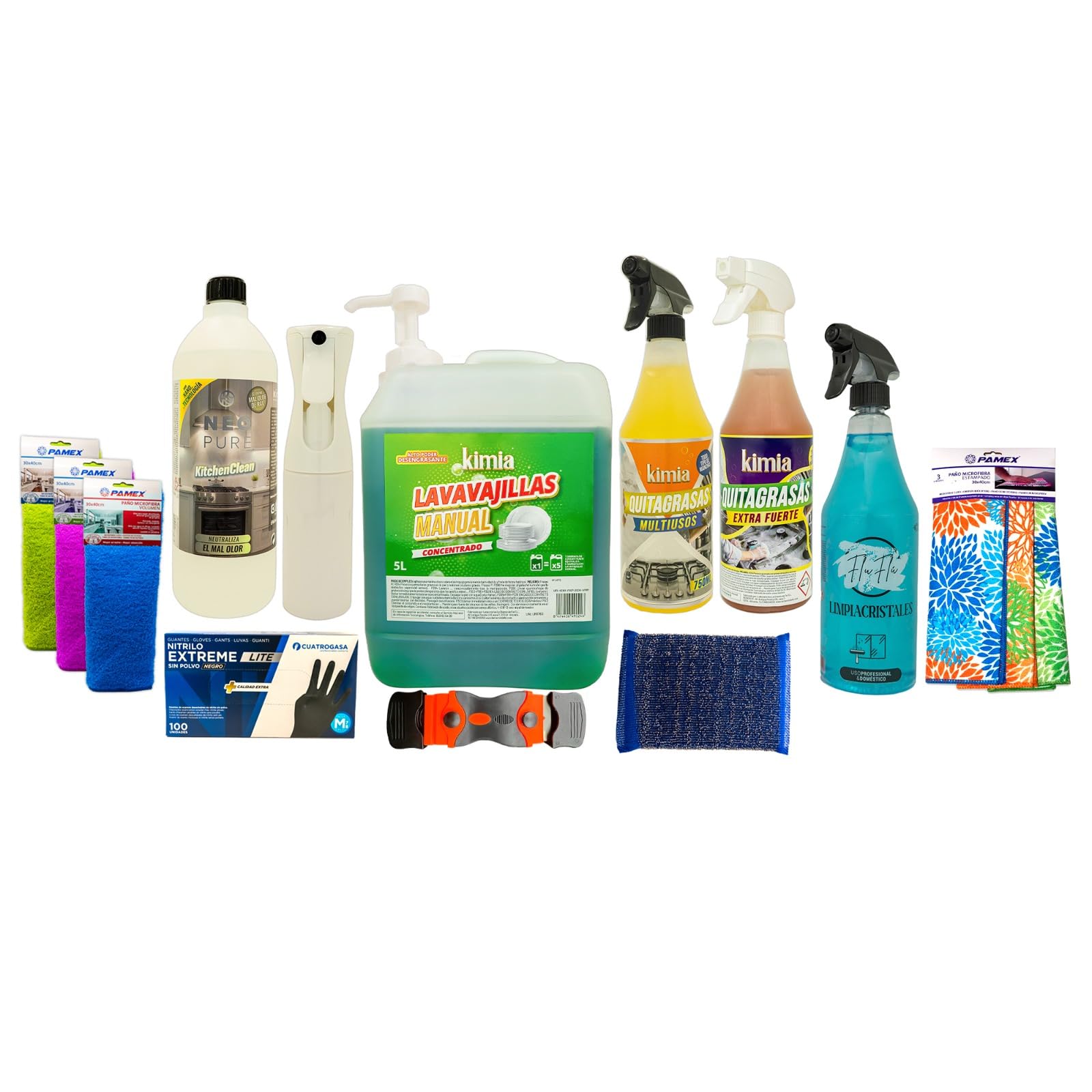 KIMIA Pack YES, CHEF | Kit Limpieza Cocina Completo | Lavavajillas Manual, Quitagrasas, Limpiacristales, Desengrasante, Bayetas, Guantes | Limpieza Profesional Cocina