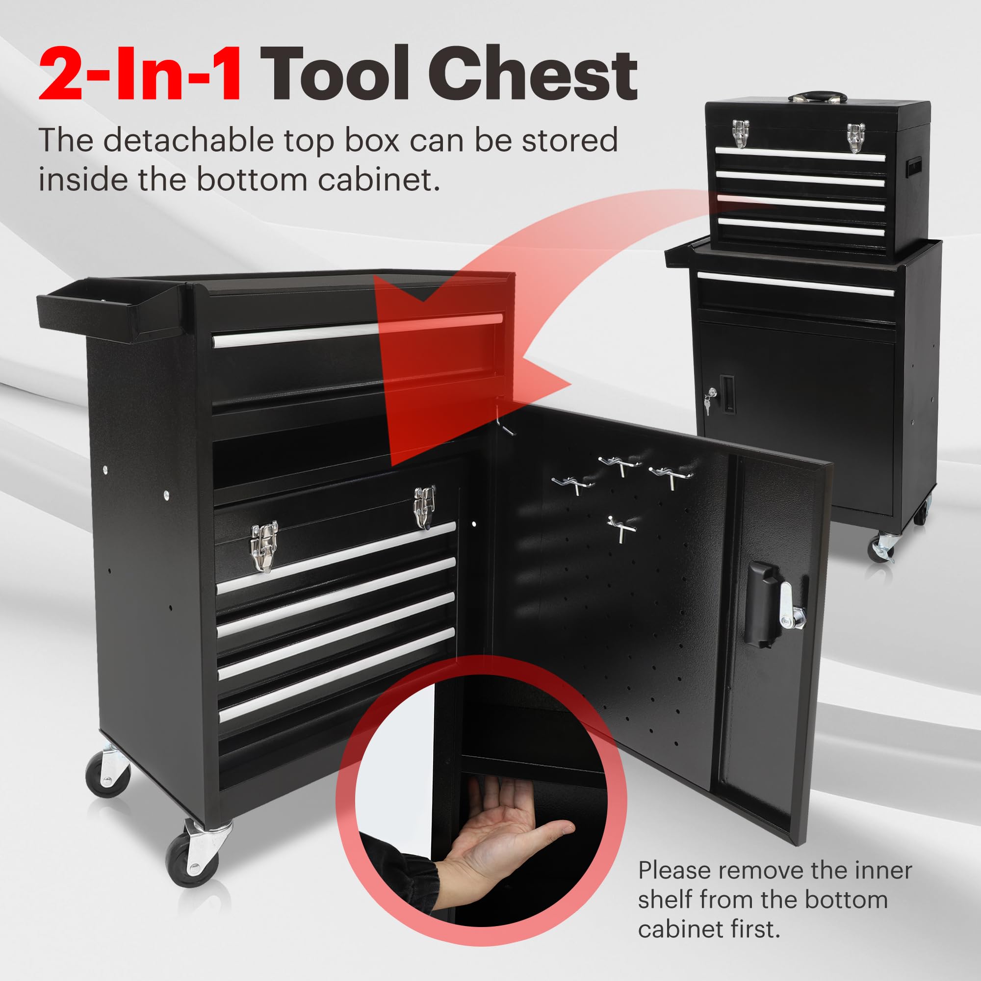 AJP Distributors Tool Box Organizer,5-Drawer Garage Storage Cabinets Lockable Wheels&Sliding Drawers&Detachable Top&Adjustable Shelf,Tool Box Organizers and Storage for Garage Workshop (Black)