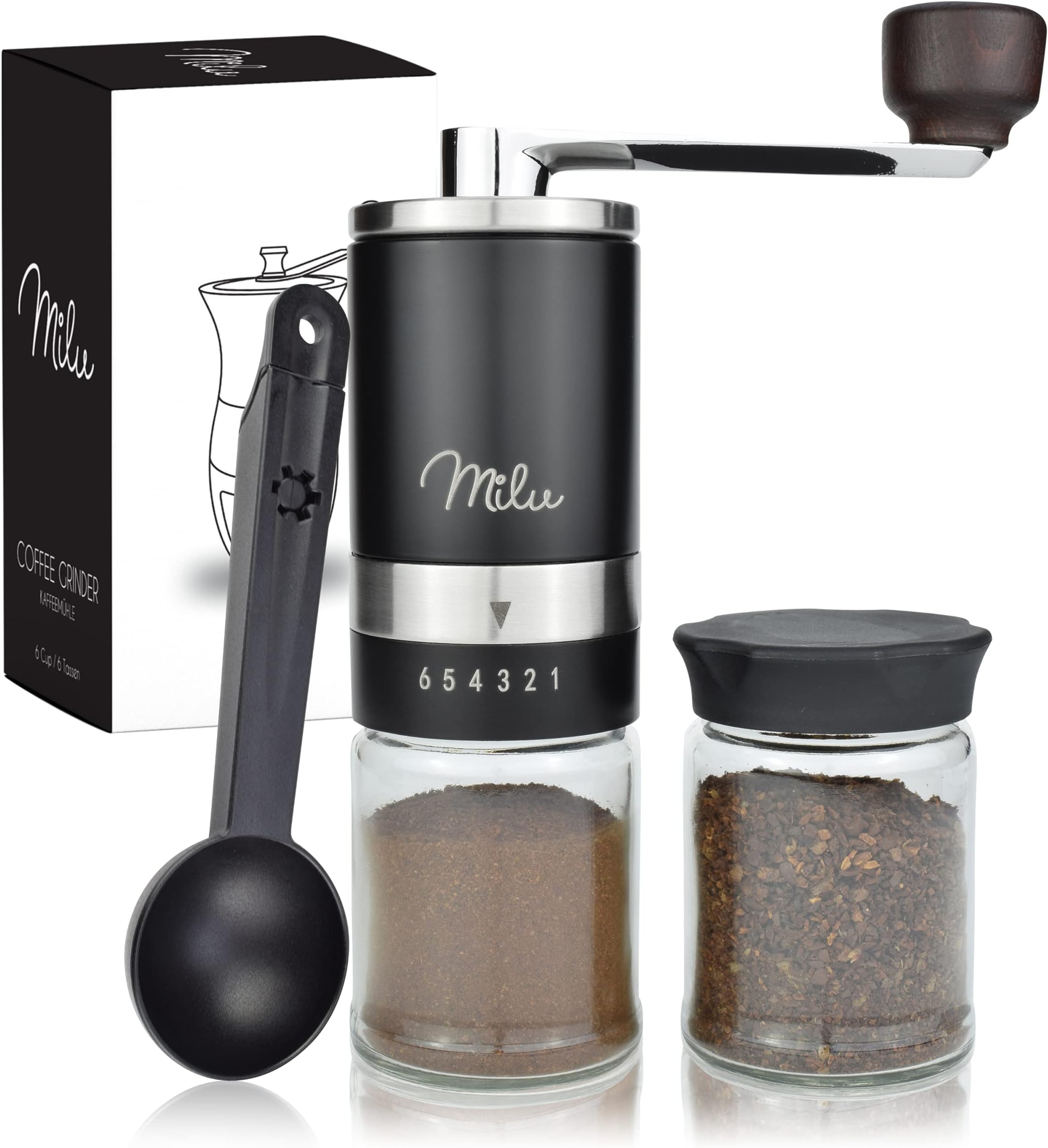 MiluManual Coffee Grinder, Hand Coffee Grinder with Ceramic Grinder, 6 Levels of Grinding Setting, Espresso Grinder, with Spoon & Brush (Black)