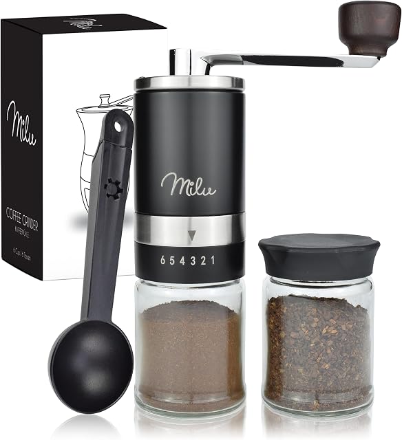 Milu Ręczny młynek do kawy Ręczny młynek do kawy z ceramicznym młynkiem I płynna regulacja mielenia I młynek do espresso I - z łyżką i szczotką (Czarny)