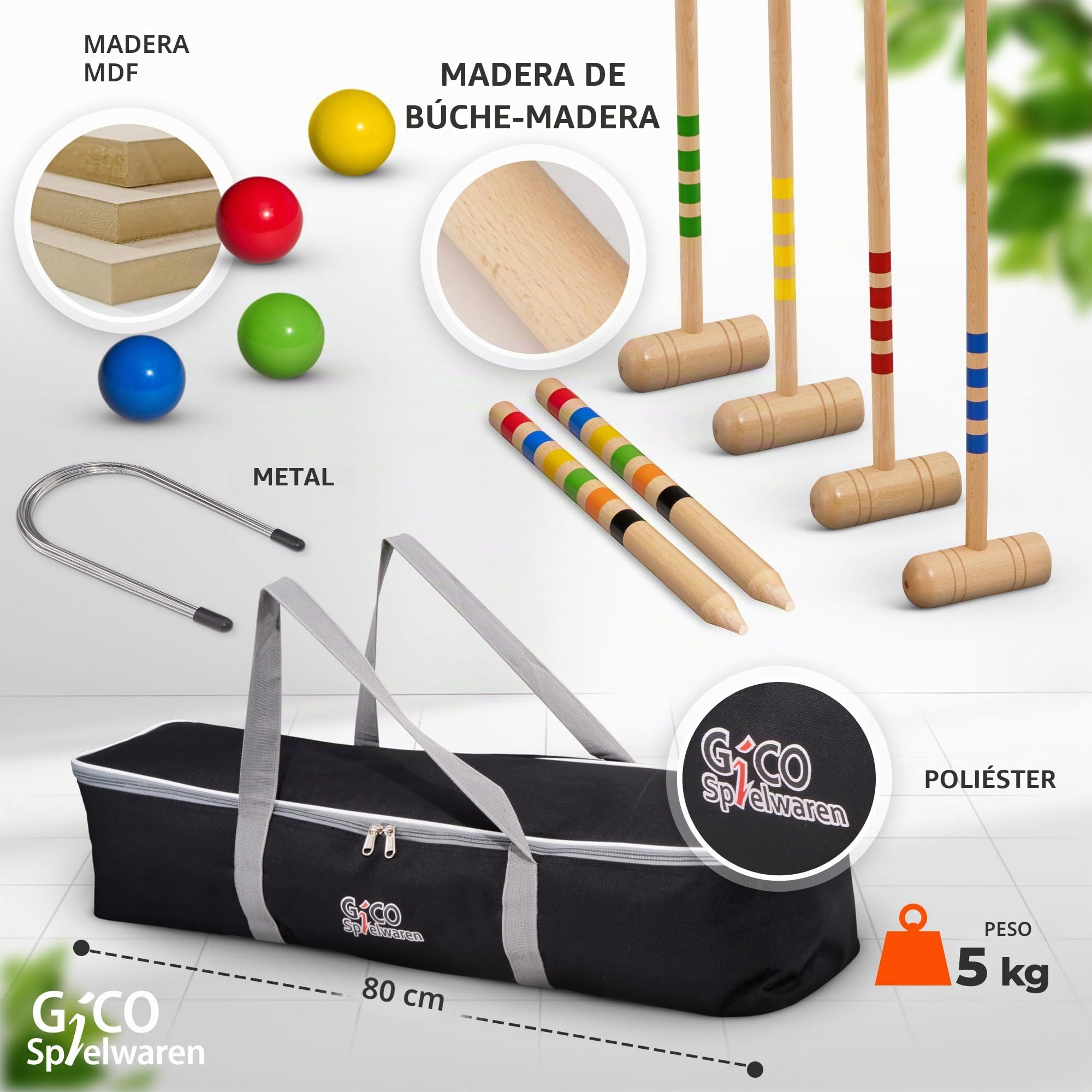 GICO Juego de Croquet Divertido Juego para el Aire Libre o el jardín para niños y Adultos, con componentes de Calidad Fabricados en Madera Maciza. 3224