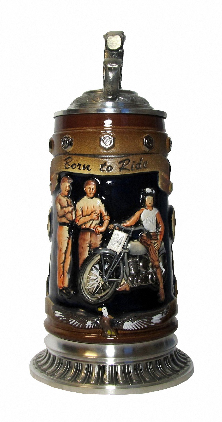 Jarra de cerveza alemana artesanal KING de 0,5L con relieve de motocicleta