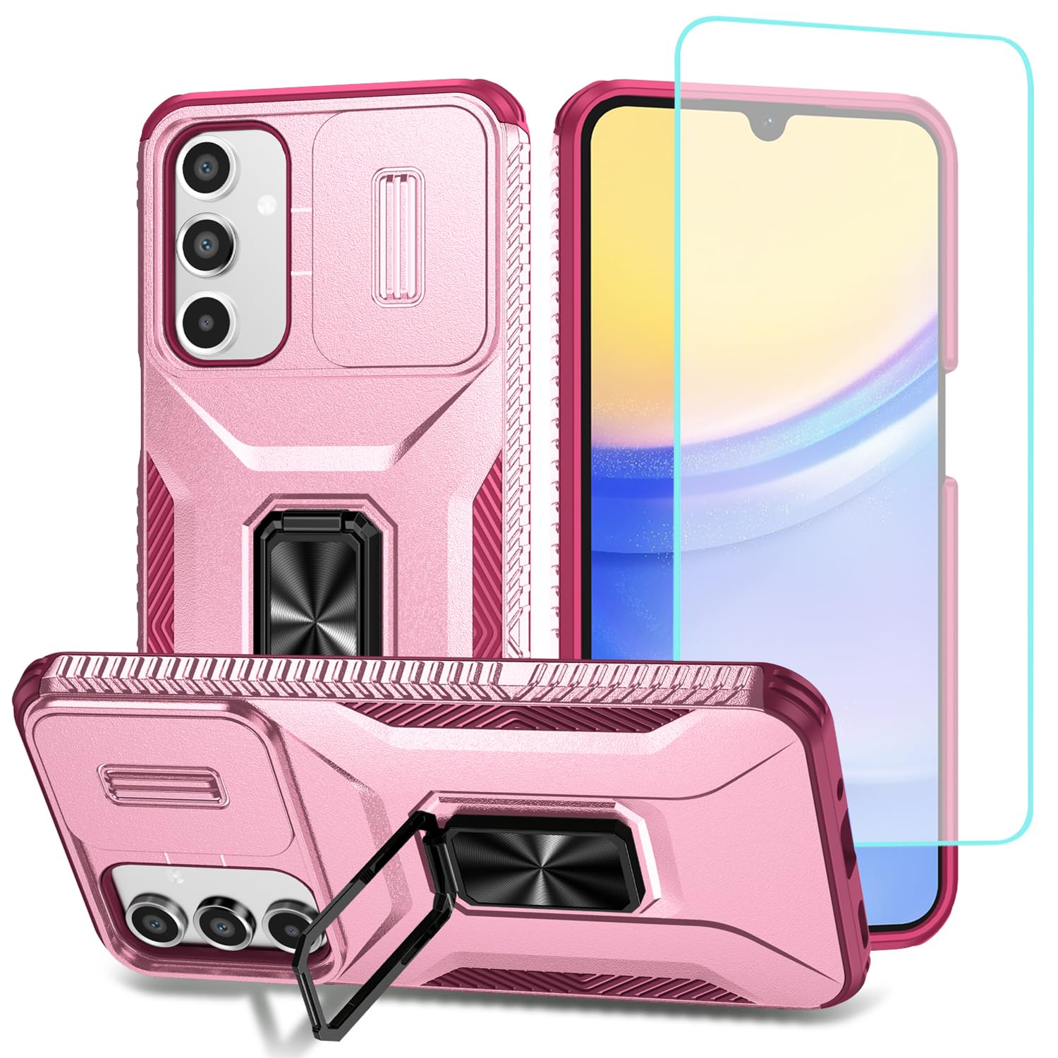 Wanyuexes Case for Galaxy A16 5G Case, Samsung A16 Case with Tempered Glass Screen Protector and Slide Camera Cover, Rotated Ring Car Mount Holder