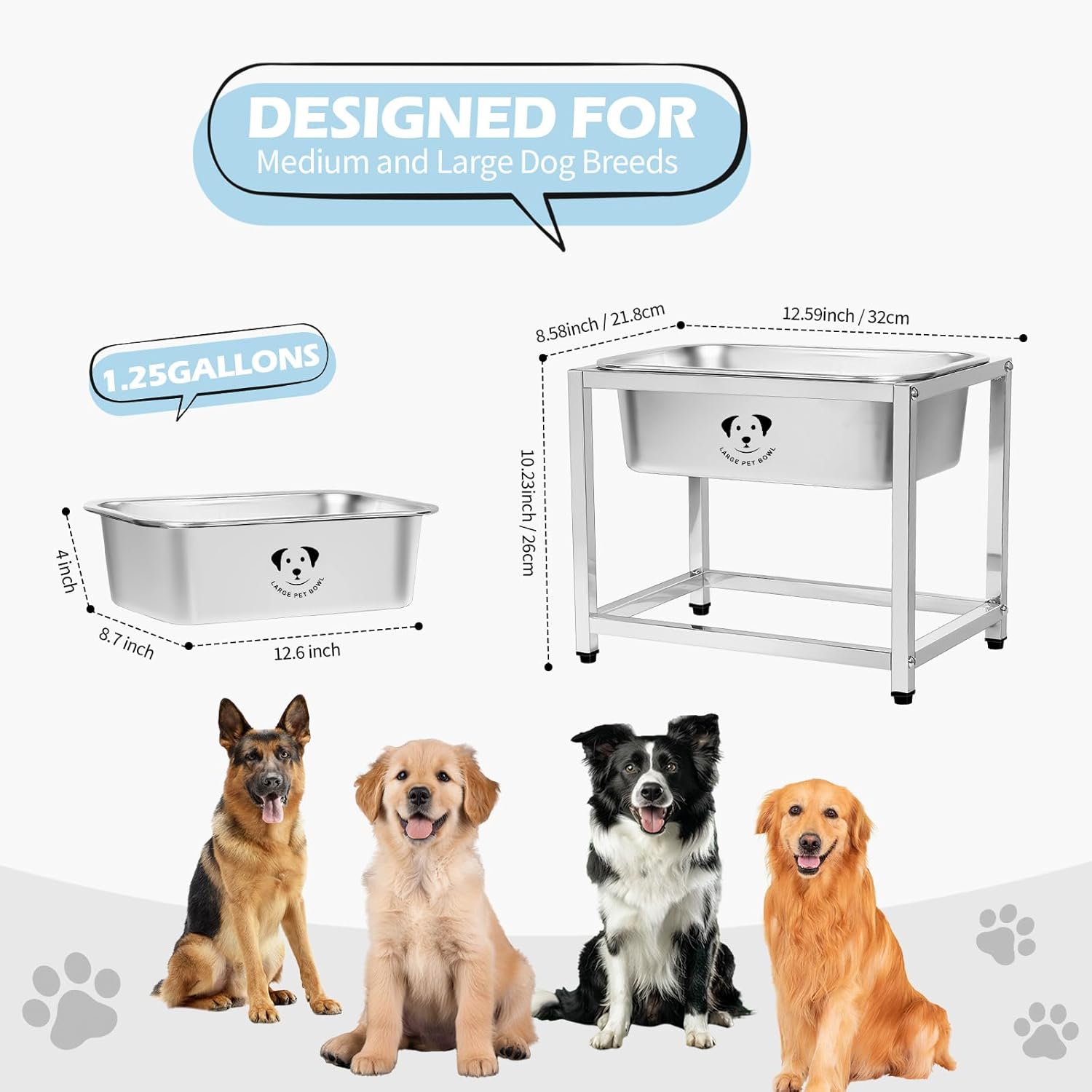 1.25 Gallon Elevated Large Dog Water Bowl, 10.23" Raised Stainless Steel Bowl for Medium Large Breed, Elevated Dog Water Bowl with Full Metal Stand, Easy to Clean and Assemble for Indoor Outdoor