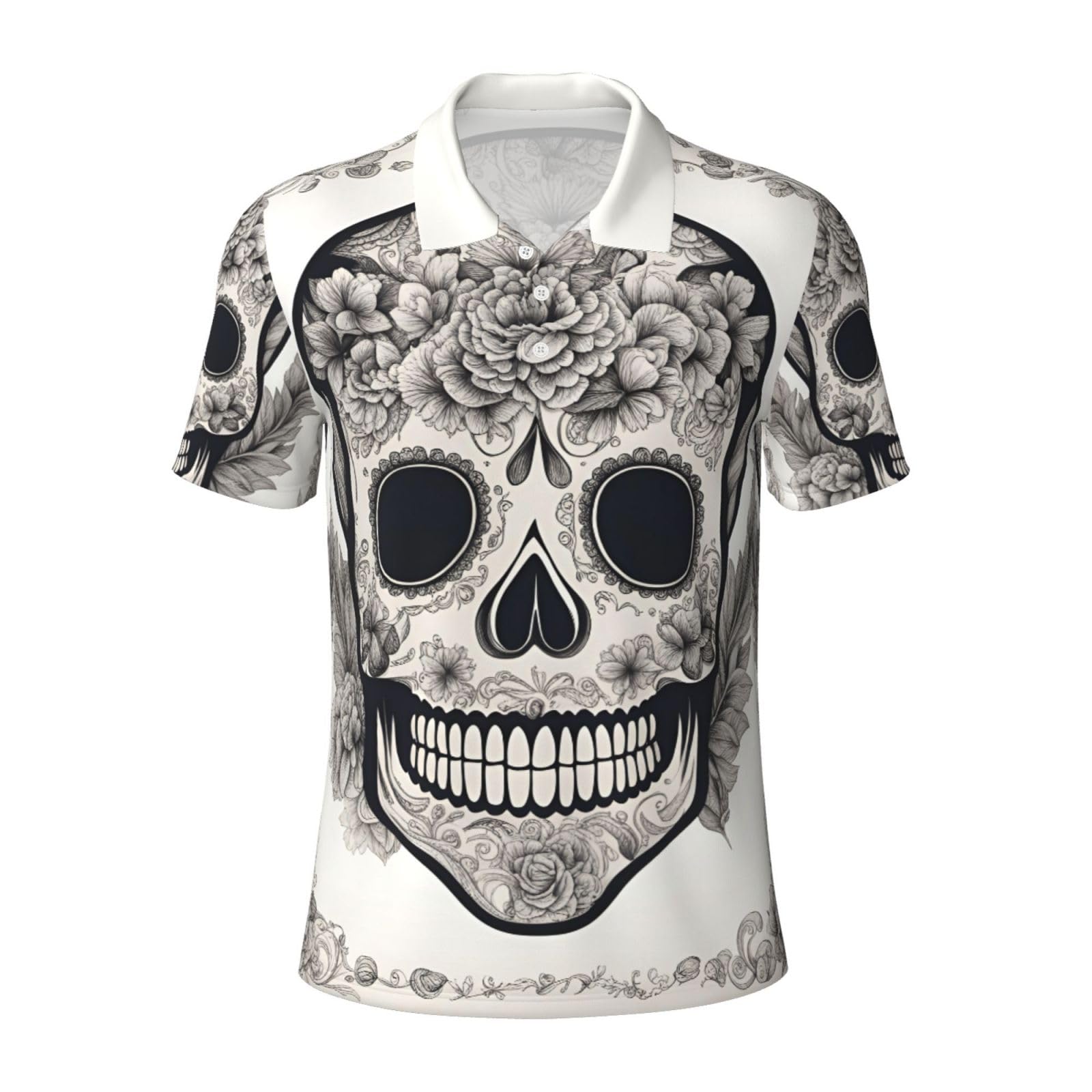 Longzehao Mens Mexican Skull Print Polo Shirts Performance Short Sleeve Quick Dry Athletic Golf Casual Shirt, Black, Large
