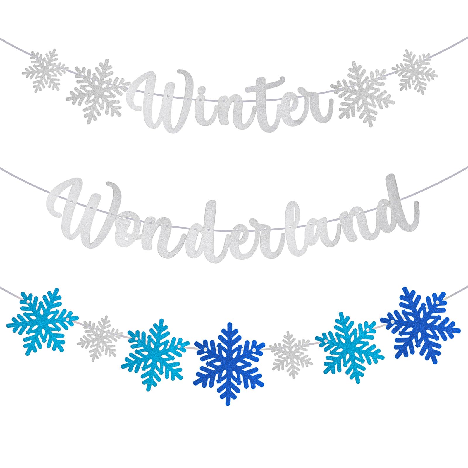 Tongcloud 3pcs Winter Wonderland Banners Glitter Snowflake Banner Christmas Decorations Banners Winter Holiday Garland Photo Props Banner for Party Home Decorations(White)