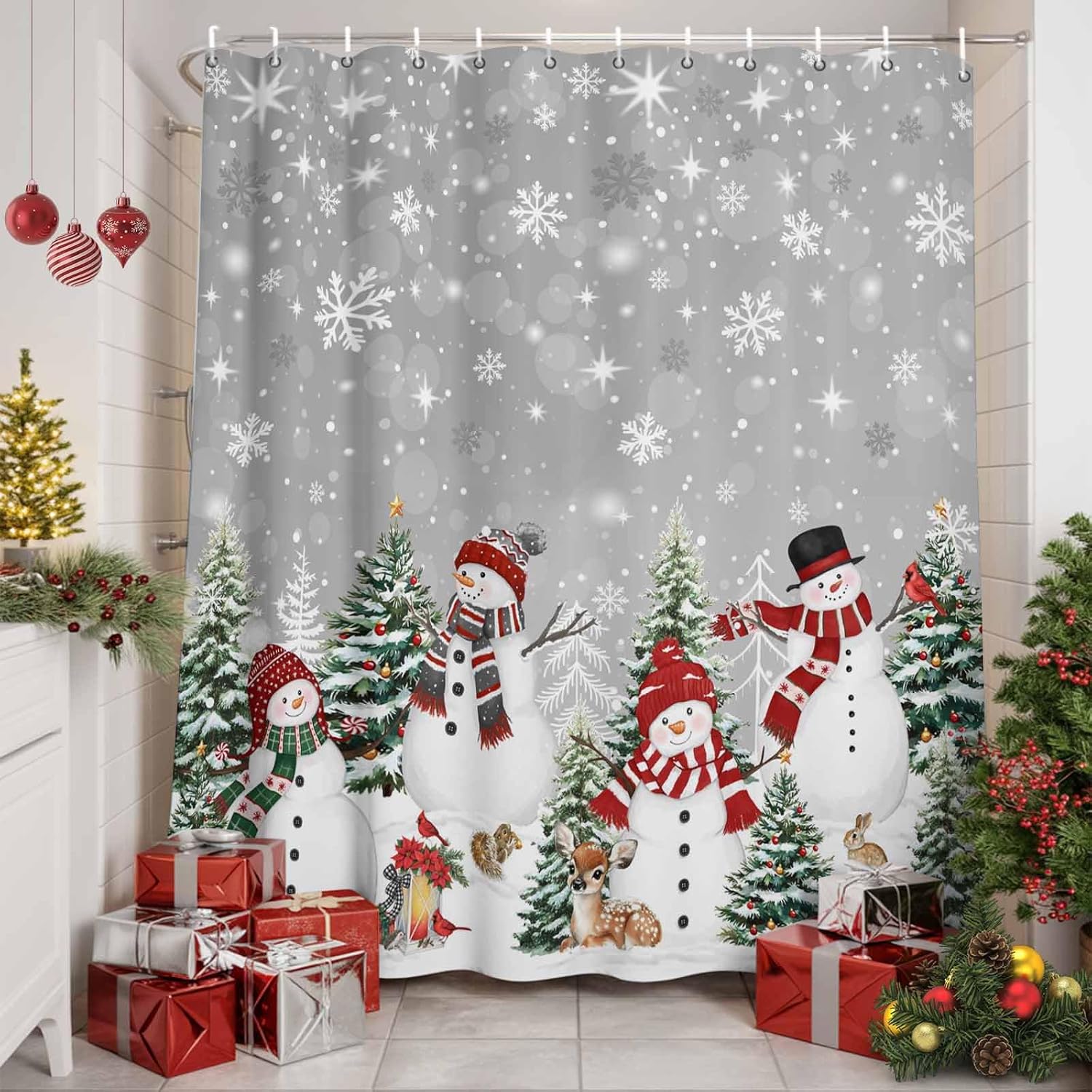 Grey Christmas Waterproof Shower Curtains Set - Extra Long Shower Curtain 72 x 96 Inch, Snowman Xmas Tree Snowflake Winter Polyester Fabric Bathroom Curtain with 12 Hooks, Bathroom Accessories