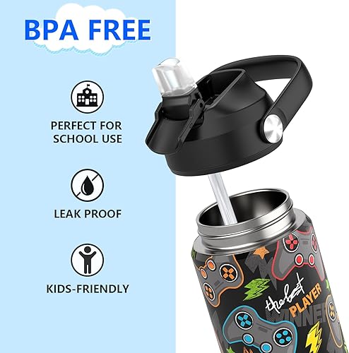 Miniatura 3 de Botella de agua para niños con popote, vasos aislados de acero inoxidable de 18 onzas con popote, a prueba de fugas, para la escuela, deportes y