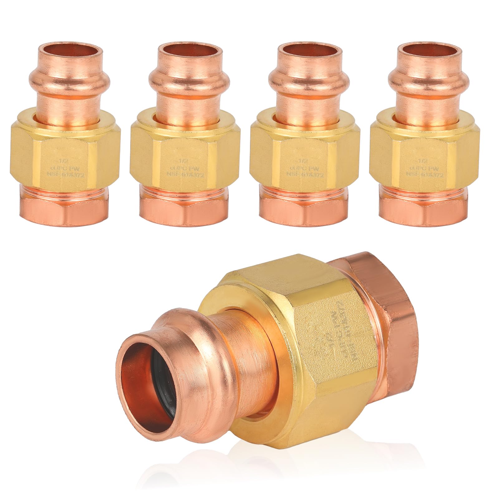 (Paquete de 5) Conectores de unión de Cobre a presión GUOFIS, 1/2" a presión x 1/2" Hembra (FPT), unión LF de Cobre a presión Hembra (PRESS074-5Pack)