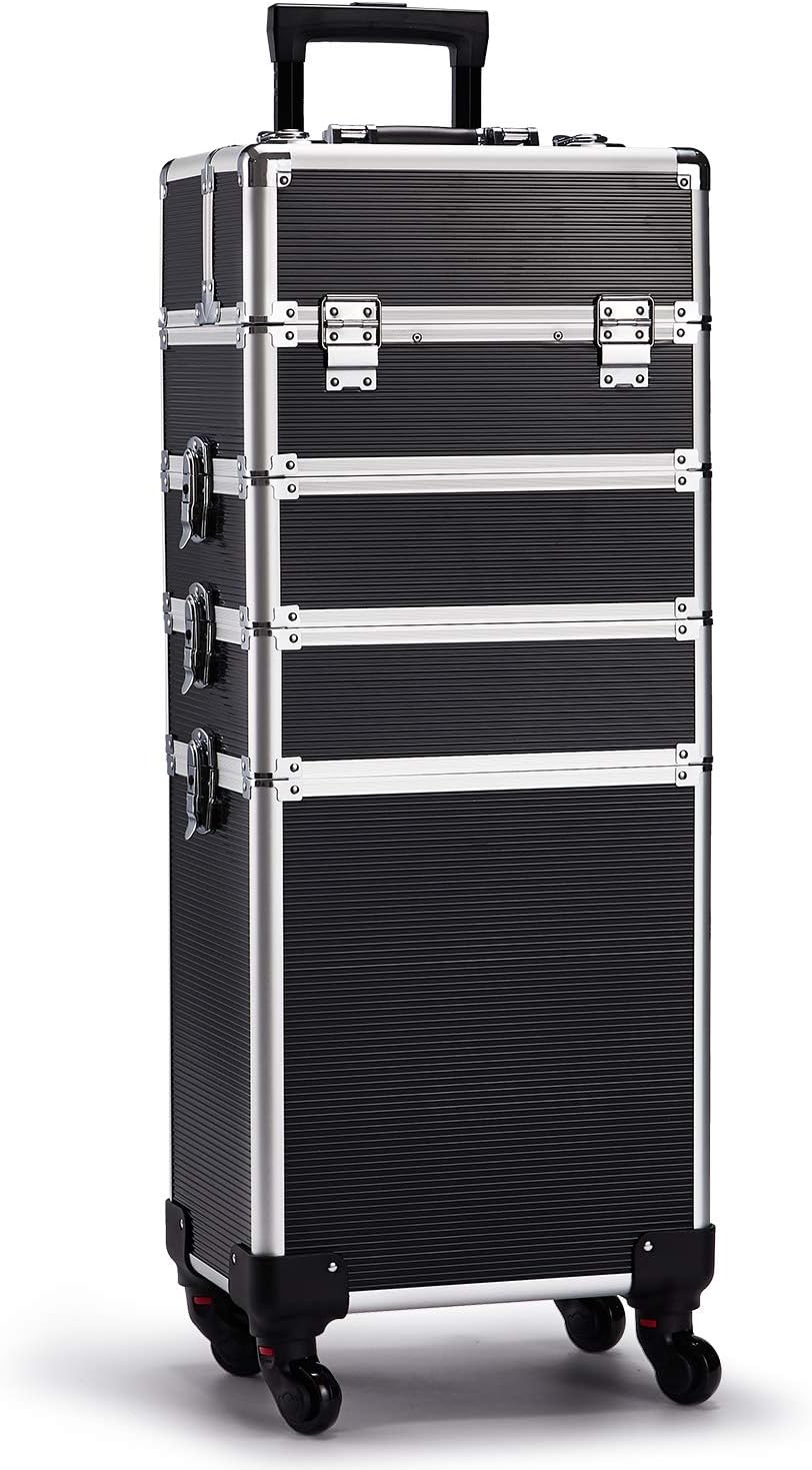 Funime 4 in 1 Professional Rolling Makeup Trolley Nail Technician Vanity Box Cosmetics Beauty Case Organiser Trolley Train Case (Black)