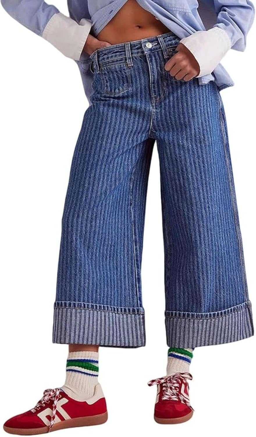 yoeasy Womens Striped Wide Leg Jeans Mid Rise Baggy Boyfriend Trendy Loose Fit Causal Denim Pants Trousers