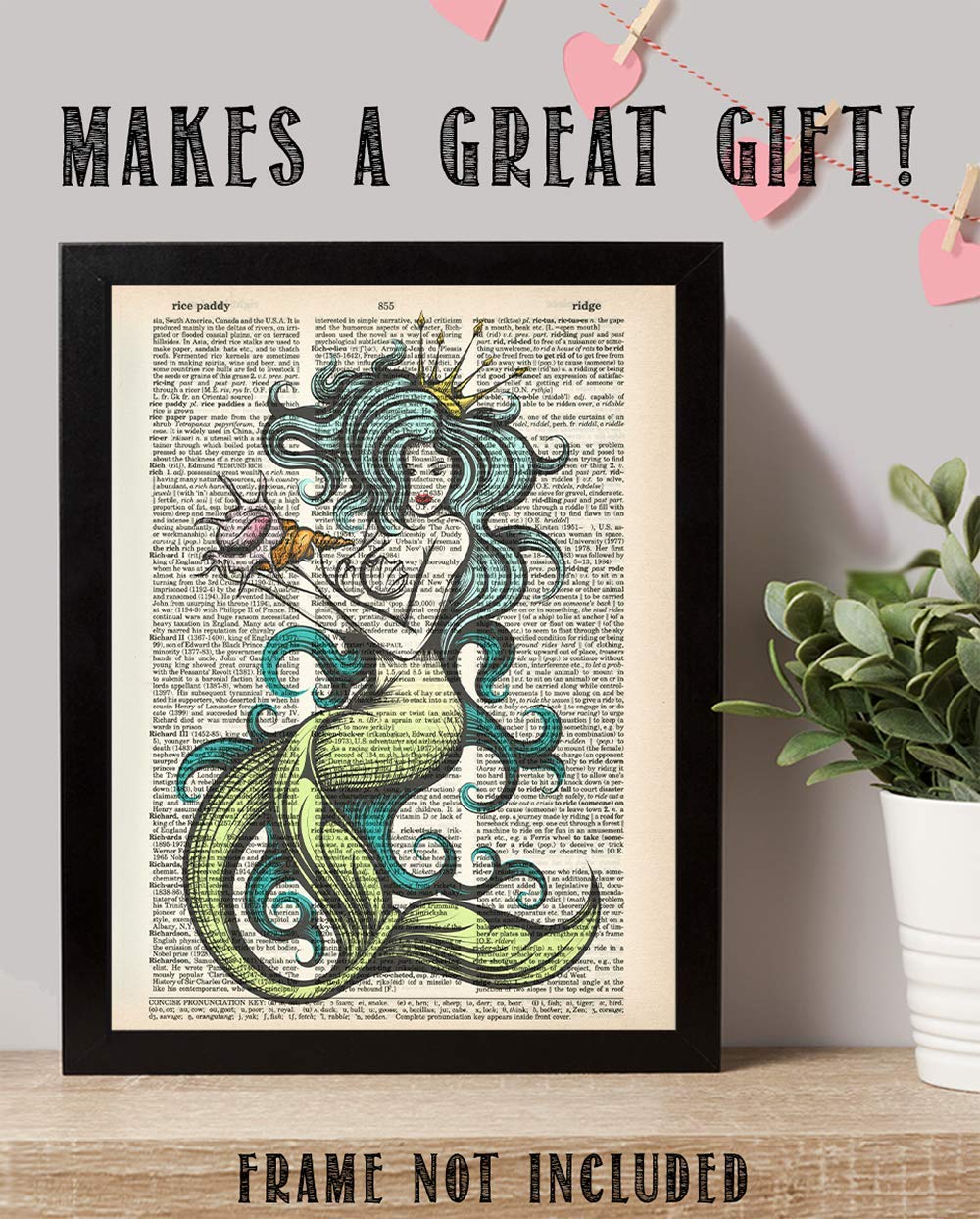 Upcycled Dictionary Art -  - Classic Office and Home Decor, Library Water Color Wall Art, Animal Print Vintage Book Page Bedroom Decoration, 8.5x11 Unframed Art Poster: Mermaid