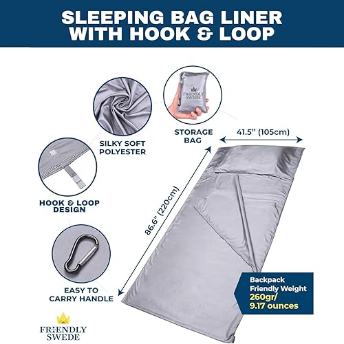 Vista 35 de The Friendly Swede Forro para saco de dormir: saco de dormir ultraligero de poliéster o microfibra para clima frío; sábanas finas de viaje