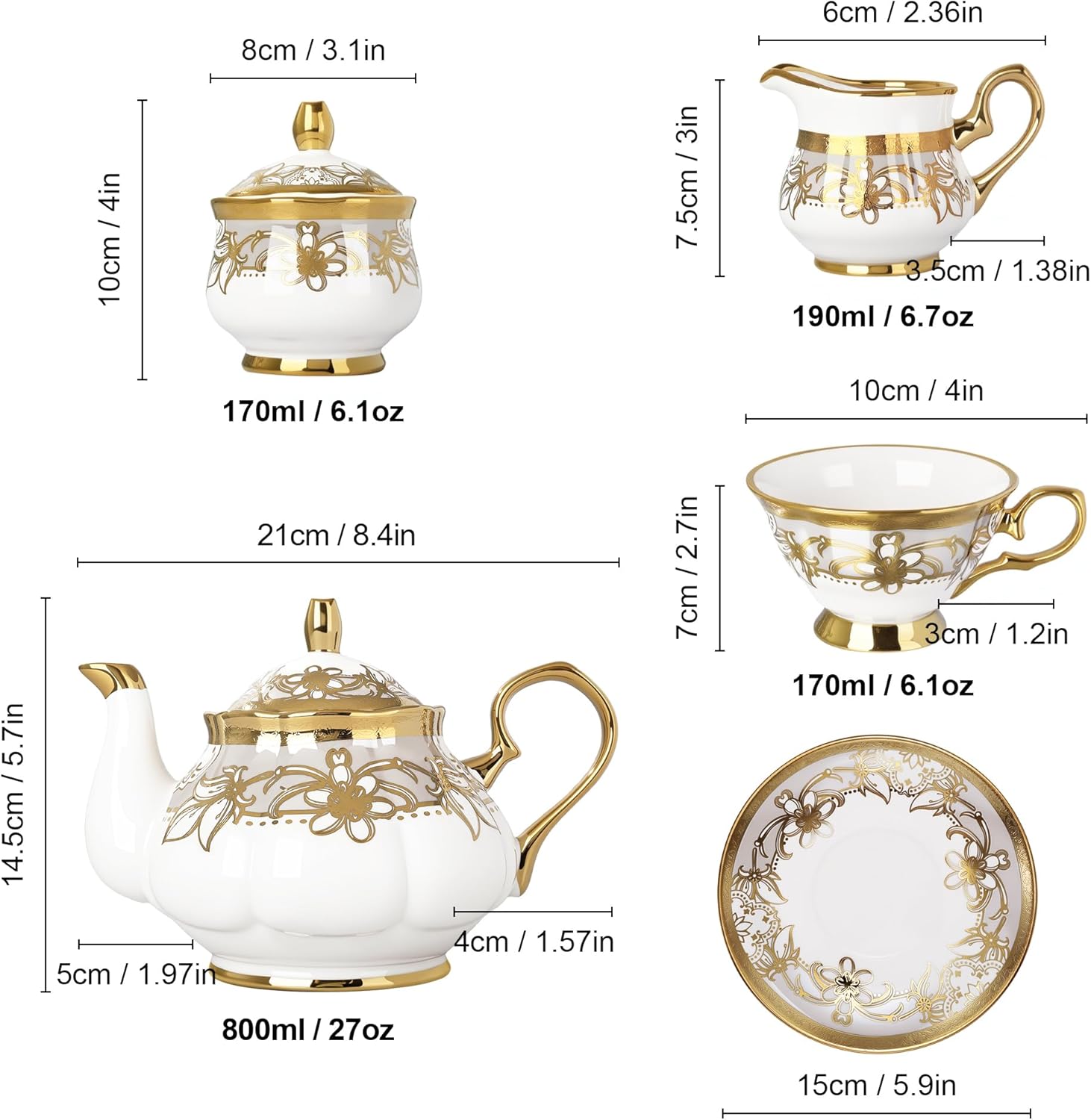 fanquare 21 Pieces Porcelain Tea Set with Sugar Bowl Creamer, Cup and Saucers for 6, Royal Floral Tea Service with Gold Trim for Party Wedding Birthday Gifting