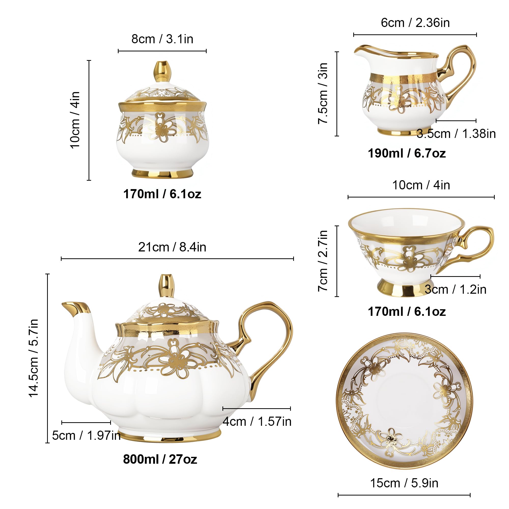 fanquare Juego de Té de Porcelana de 21 Piezas con Crema de Azúcar, Taza y Platillos para 6, Juego de Café Floral Real con Borde Dorado para Regalo de Cumpleaños y Aniversario de Boda
