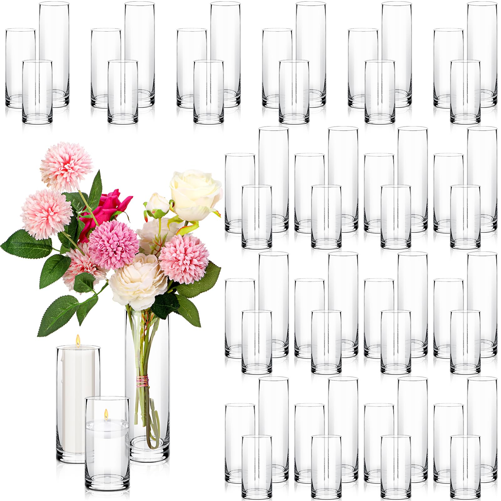 Photo 1 of Maxdot Thickened Glass Cylinder Vase Multiple Sizes 5, 6, 8 Inch Clear Flower Vases Set Wedding Centerpieces Tall Vase Floating Candle Holder Vase Decorative for Home Party Event(36 Pcs)