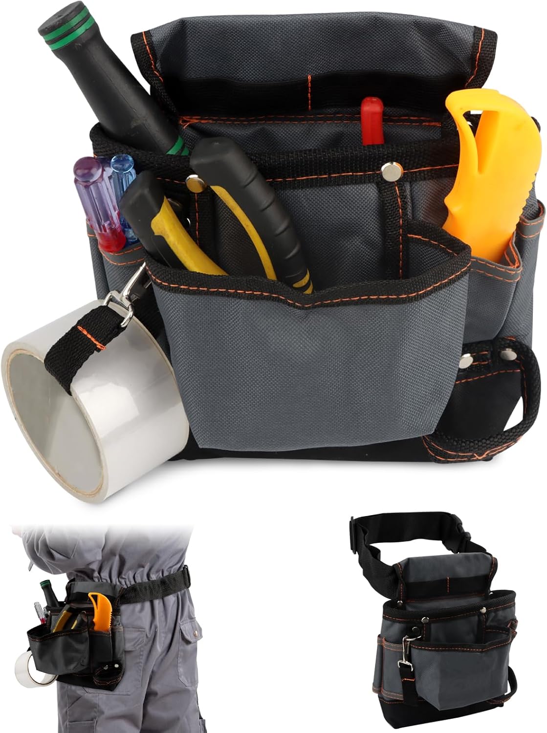 Tool Belt Pouch with Multiple Pocket, Adjustable Belt Utility Small Tool Pouches Electrician Tools Organizer for Carpenter Construction Technician Gardening, Mens (Color:Black+Grey)