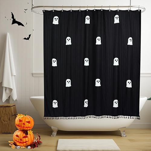 Miniatura 7 de Cortina de ducha fantasma de Halloween, 72 x 72 pulgadas, cortina de ducha de algodón espeluznante y divertida con 12 ganchos para Halloween, baño,