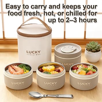 Portable Insulated Lunch Container set, Bento Box Adult Lunch Box Set with Insulated Lunch Bag, 2 Separate Stackable Thermal Food Lunch Container for Adult, Beige